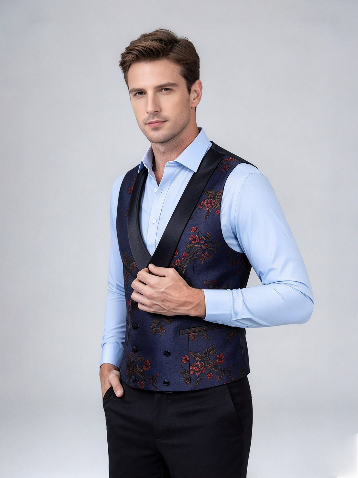 Cicinia Peak Lapel Floral Jacquard Jacket Matching Vest Straight Black Trousers 3 Pieces Navy Blue Men's Suits