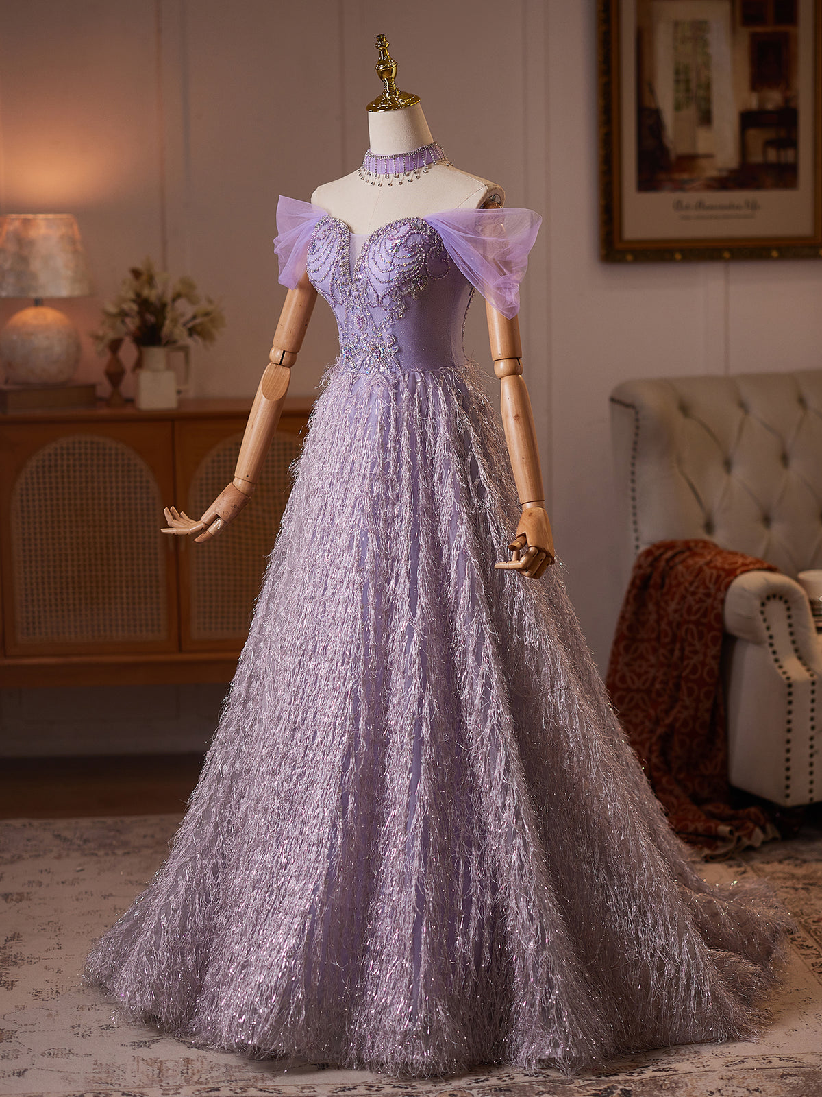 Cicinia Off The Shoulder Lilac Prom Dresses Long A-line Glitter Fringe Floor Length Formal Dresses