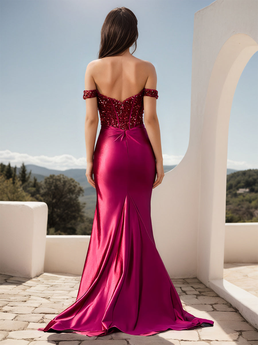 Cicinia Fuchsia Prom Dresses Long Stretch Fabric Sheath Slit Off The Shoulder Sweep Train