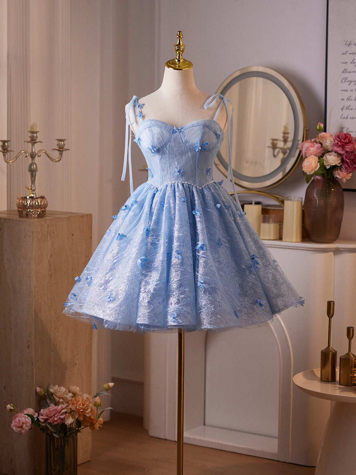 Cicinia Blue Homecoming Dresses Short Lace A-line Mini Length Spaghetti Straps Princess Dress
