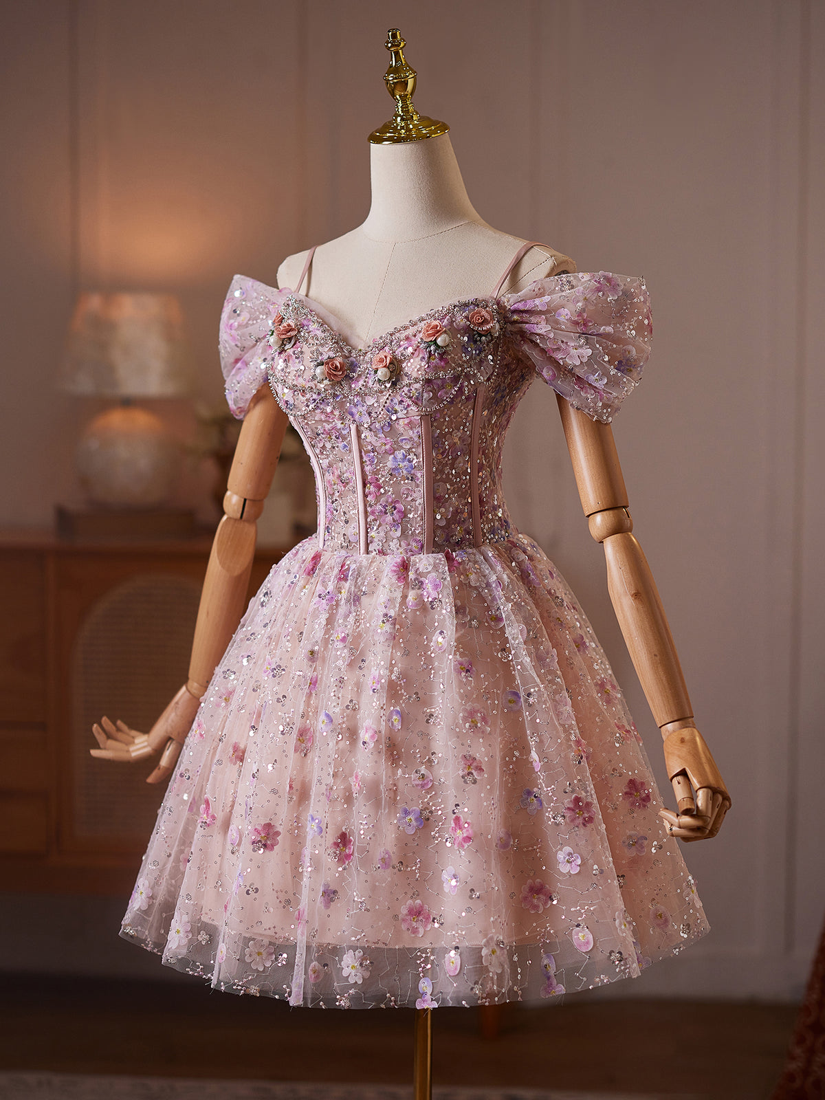 Cicinia Sequined Floral Tulle Pink Homecoming Dresses Short A-line Off The Shoulder Mini Dress