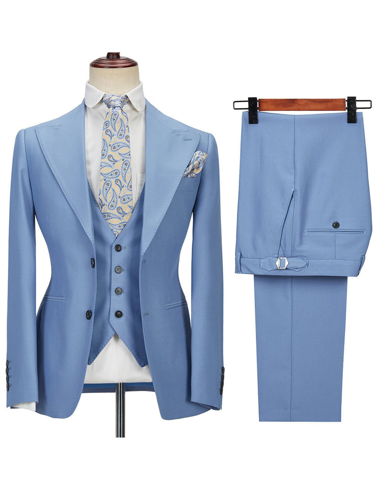 Cicinia Slim Fit Blue Men's Suits 3 Pieces Suit Peak Lapel Single Breasted Jacket Vest Trousers