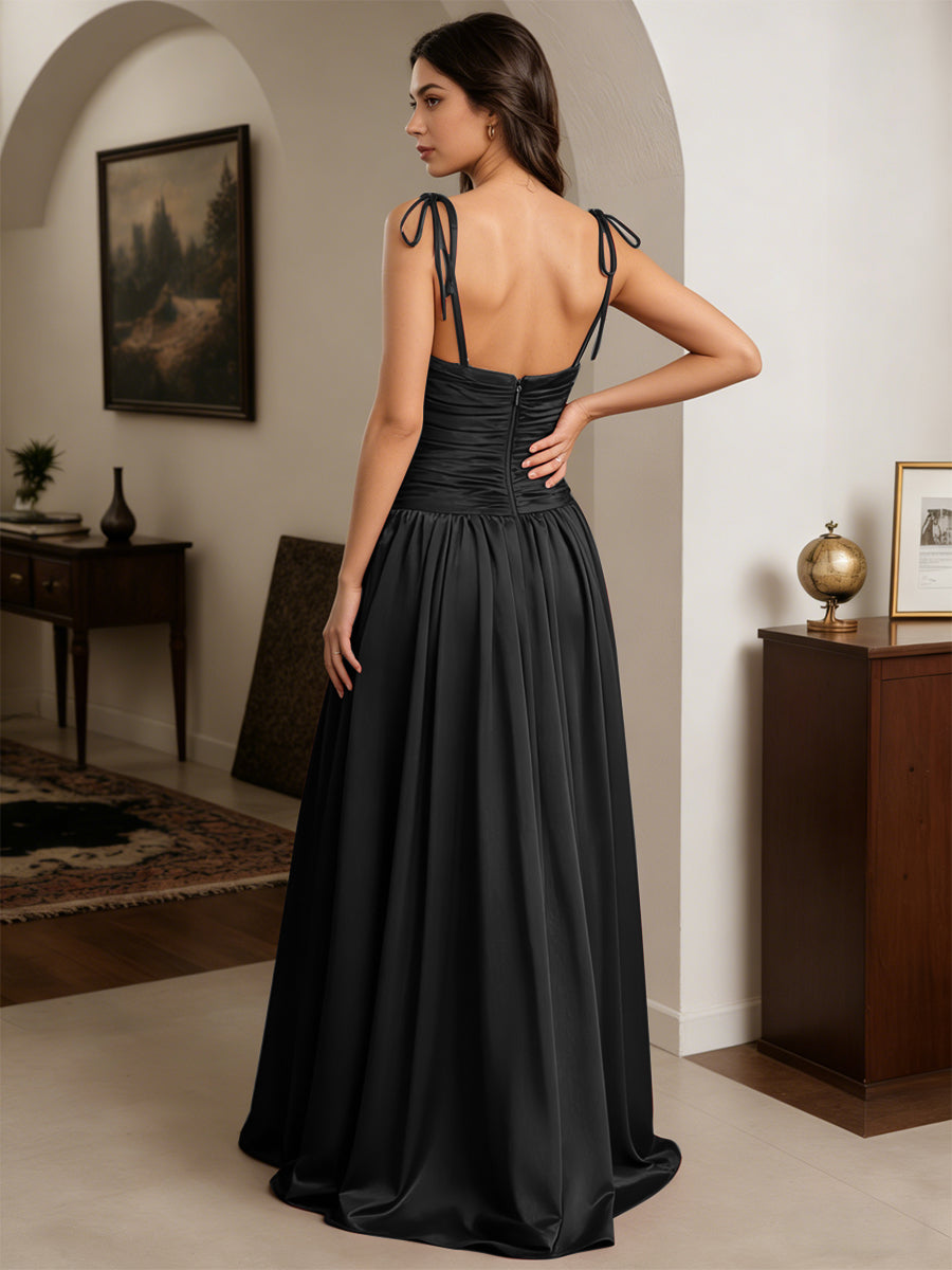 Cicinia Black Prom Dresses Long A-line Satin Spaghetti Straps Floor Length Party Gowns