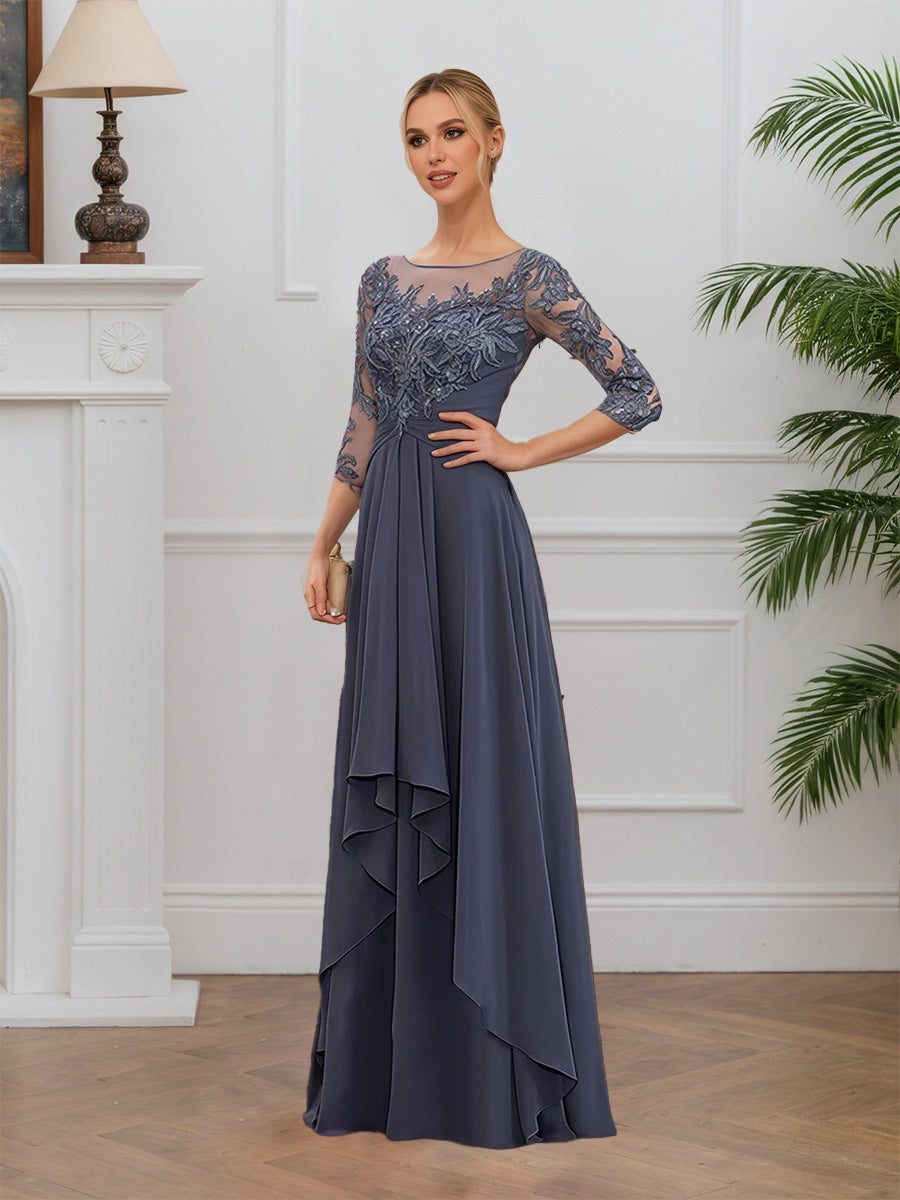 Cicinia Stormy Mother Of The Bride Dress Long Chiffon Lace A-line Half Sleeves Scoop Neckline