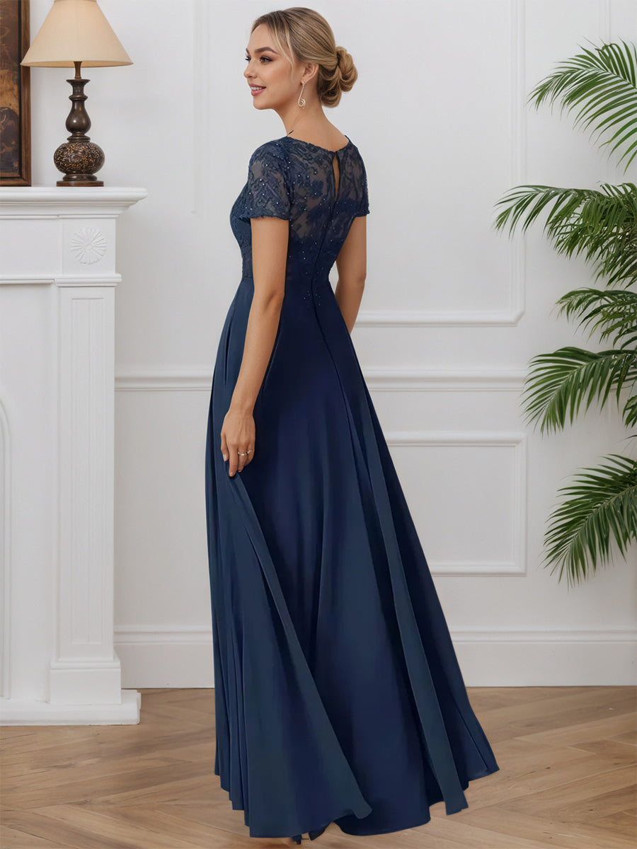 Cicinia Dark Navy Mother Of The Bride Dress Long Chiffon Lace A-line Short Sleeves