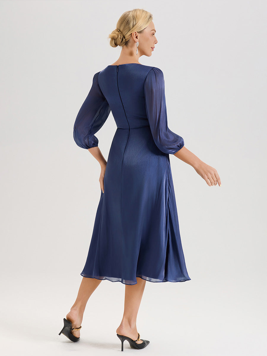 Cicinia Navy Blue Mother Of The Bride Dress Long Crepe A-line Tea Length 3/4 Sleeves