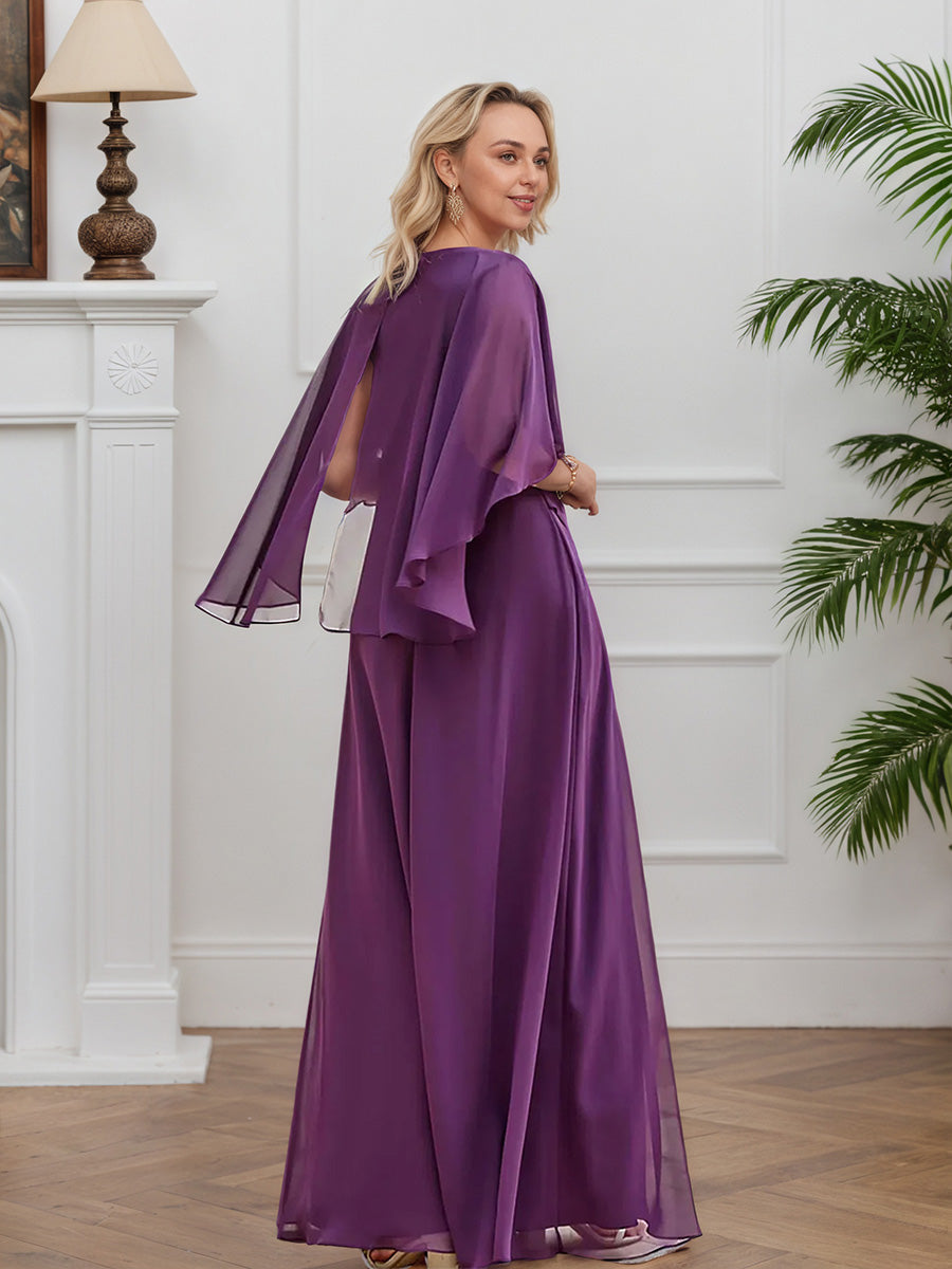 Cicinia Purple Mother Of The Groom Dress Long Chiffon A-line Half Sleeves Beaded