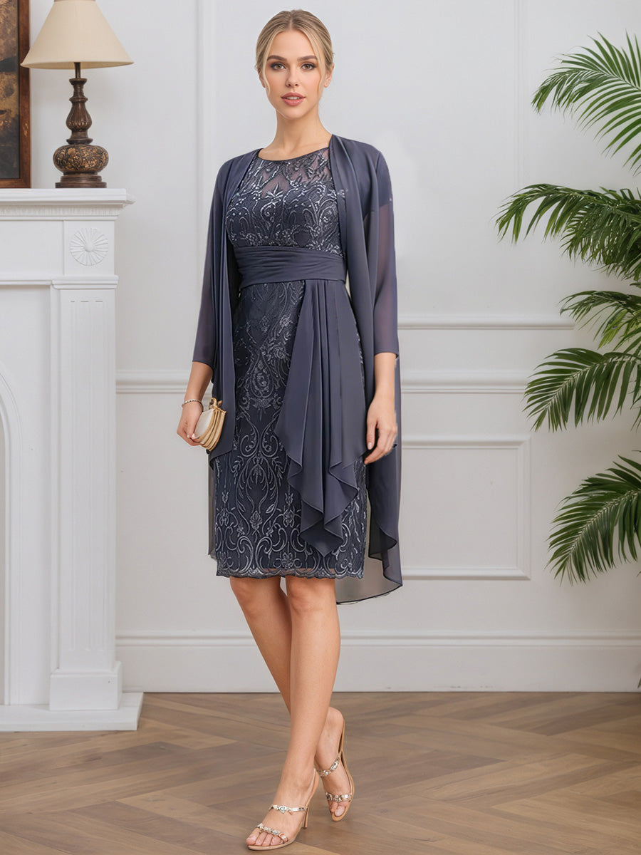 Cicinia Stormy Mother Of The Bride Dress With Jacket Short Chiffon Lace Sheath Knee Length