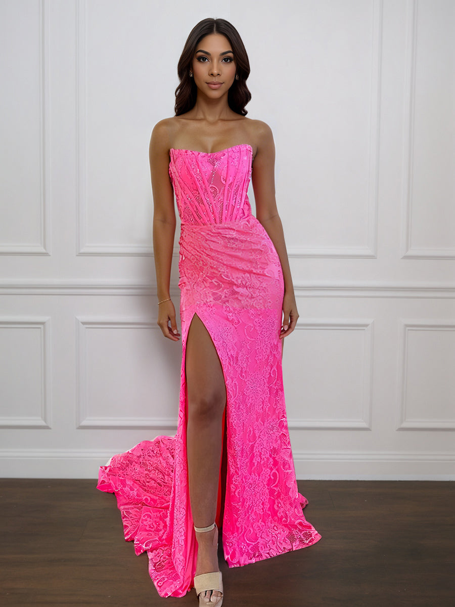 Cicinia Azalea Prom Dresses Long Lace Sheath Strapless Sweep Train Elegant