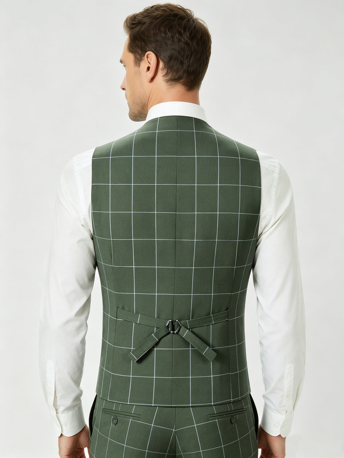 Cicinia Olive Green Men's Suits Windowpane Plaid 3 Pieces Suit Notch Lapel Slim Fit Jacket Vest And Straight Trousers