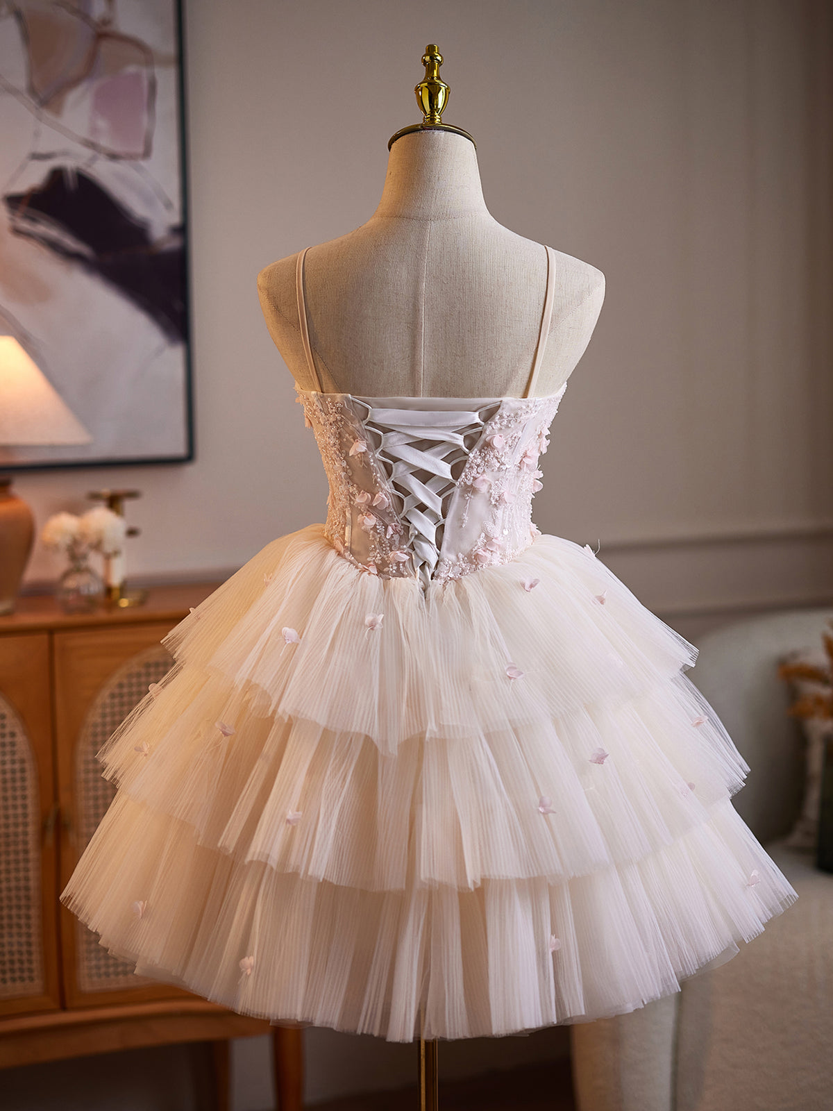 Cicinia Spaghetti Straps Sheer Bodice 3D Floral Tiered Tulle Beige Wedding Dresses Short A-line Bridal Dress