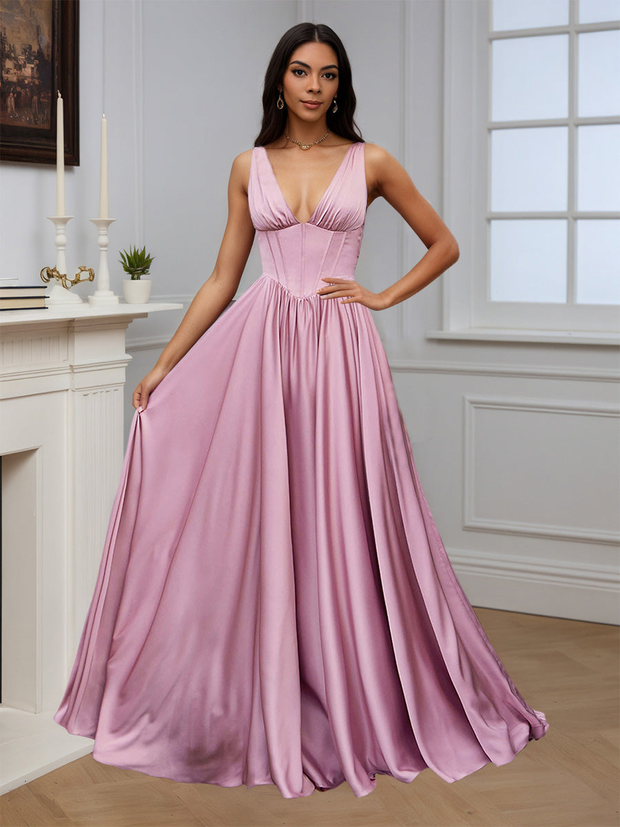 Cicinia Pink Prom Dresses Long Soft Satin A-line Evening Dress Cicinia Pink Prom Dresses Long Soft Satin A-line Evening Dress
