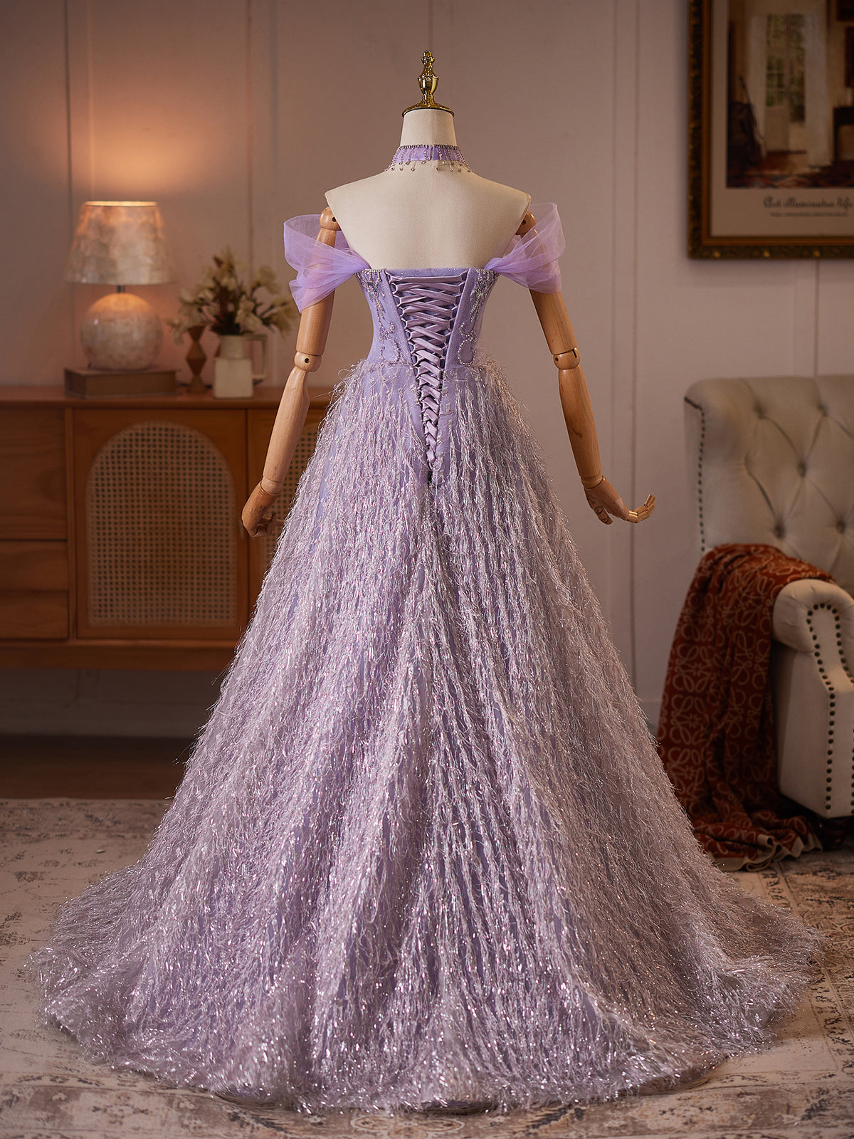 Cicinia Off The Shoulder Lilac Prom Dresses Long A-line Glitter Fringe Floor Length Formal Dresses