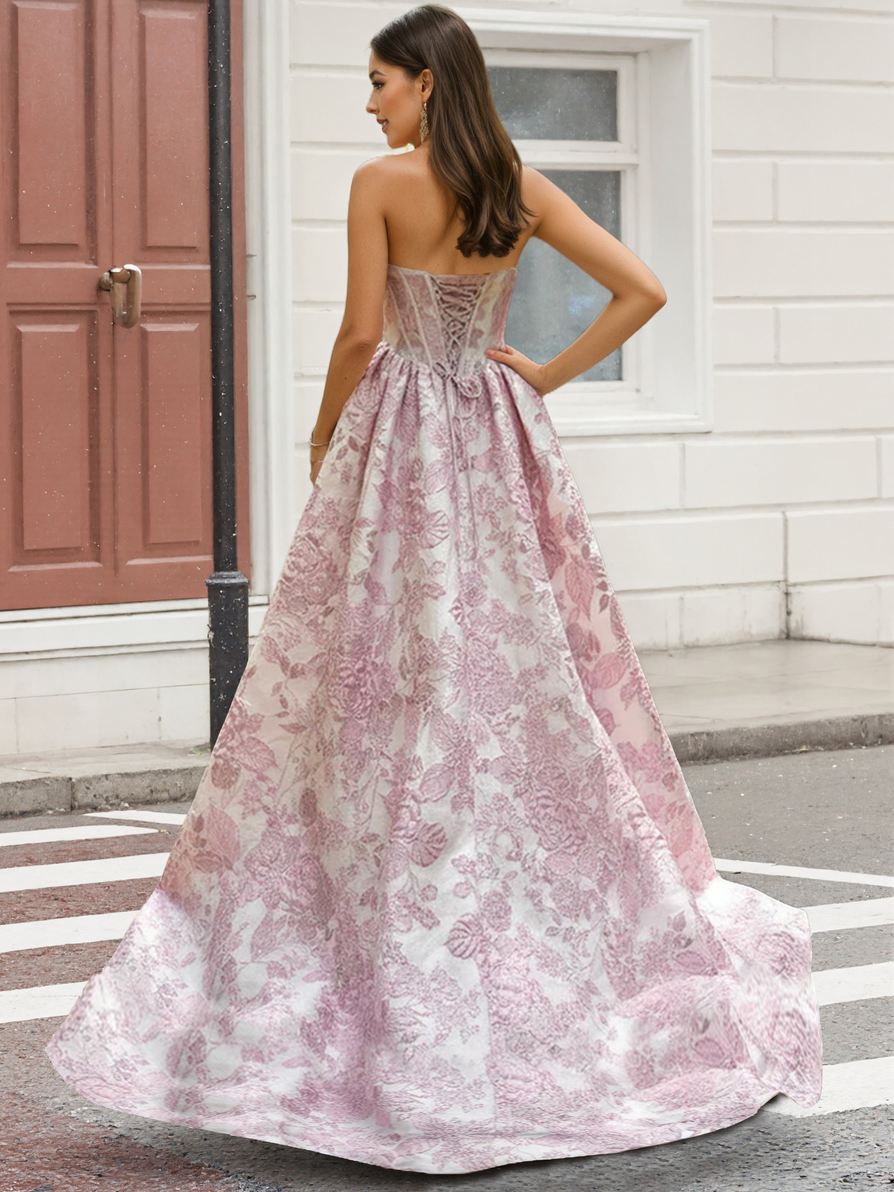 Cicinia Pink Strapless Prom Dresses Long Embossed Jacquard A-line Gorgeous Gowns