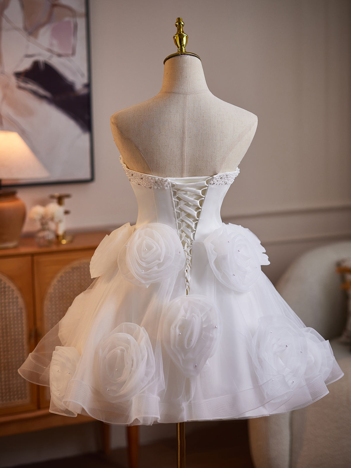 Cicinia Beaded Sweetheart White Wedding Dresses Short A-line Bridal Dress With 3D Large Rose