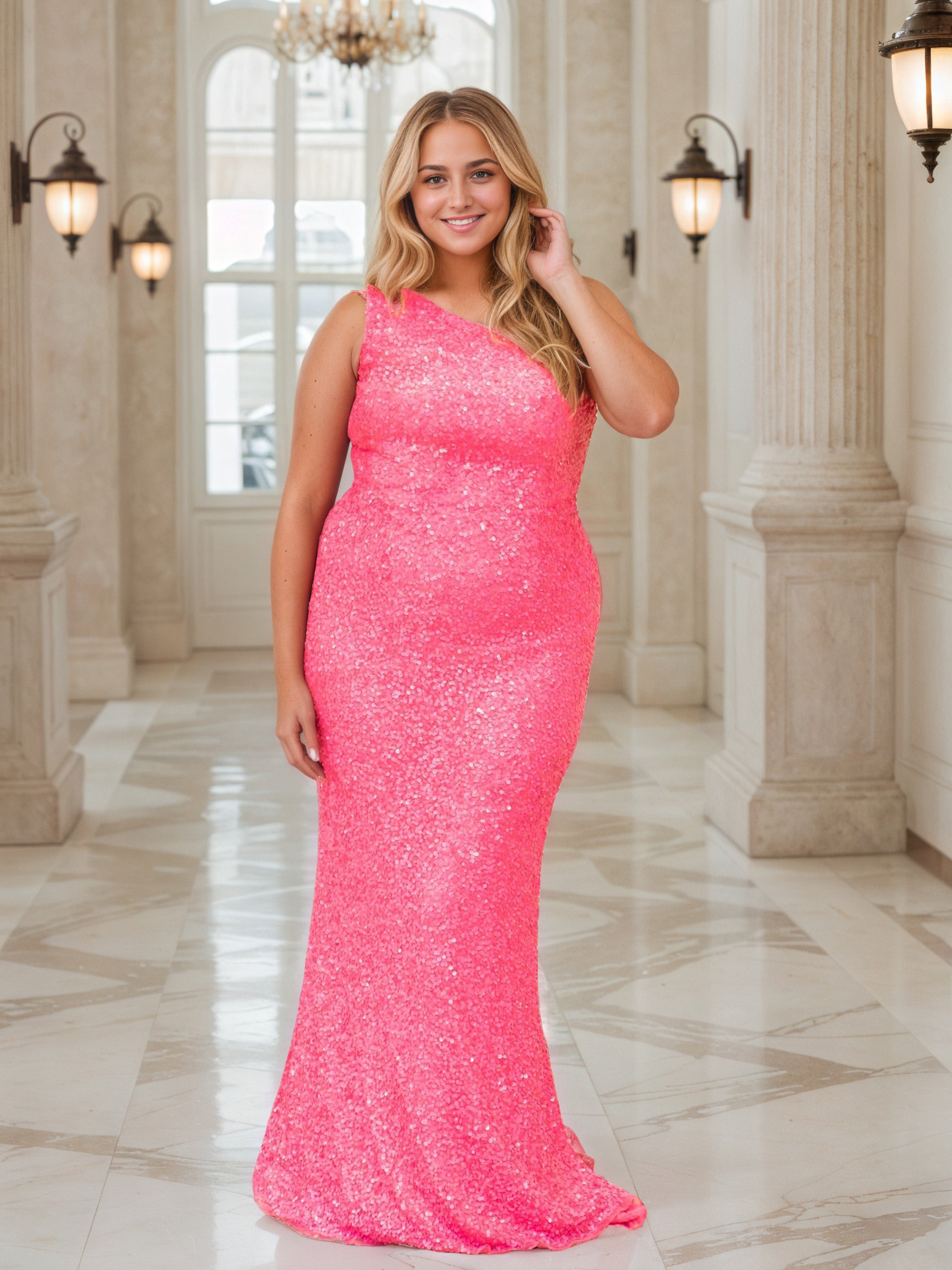 Pretty One Shoulder Pink Sequins Plus Size Long Prom Dress Pretty One Shoulder Pink Sequins Plus Size Long Prom Dress