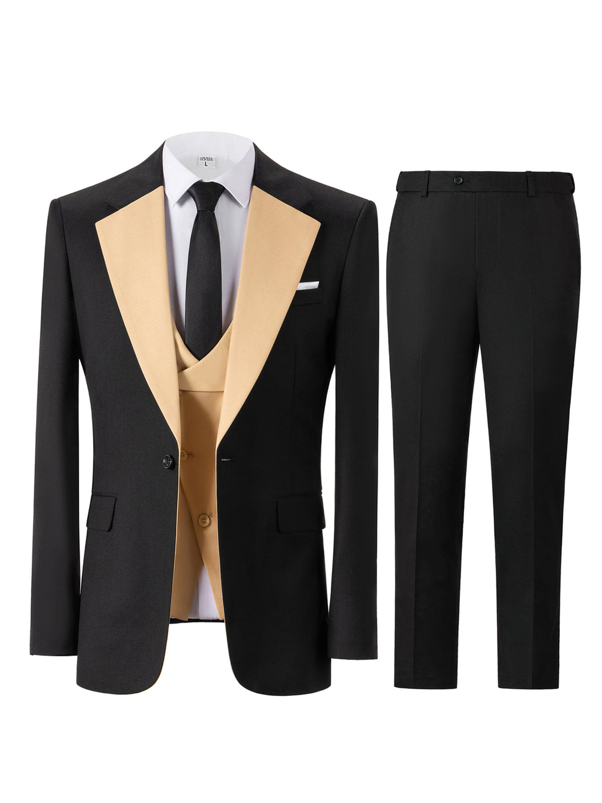 Cicinia Black Men's Suits 3 Pieces Tuxedo Contrast Peak Lapel Single Button Jacket Double Breasted Vest Straight Trousers