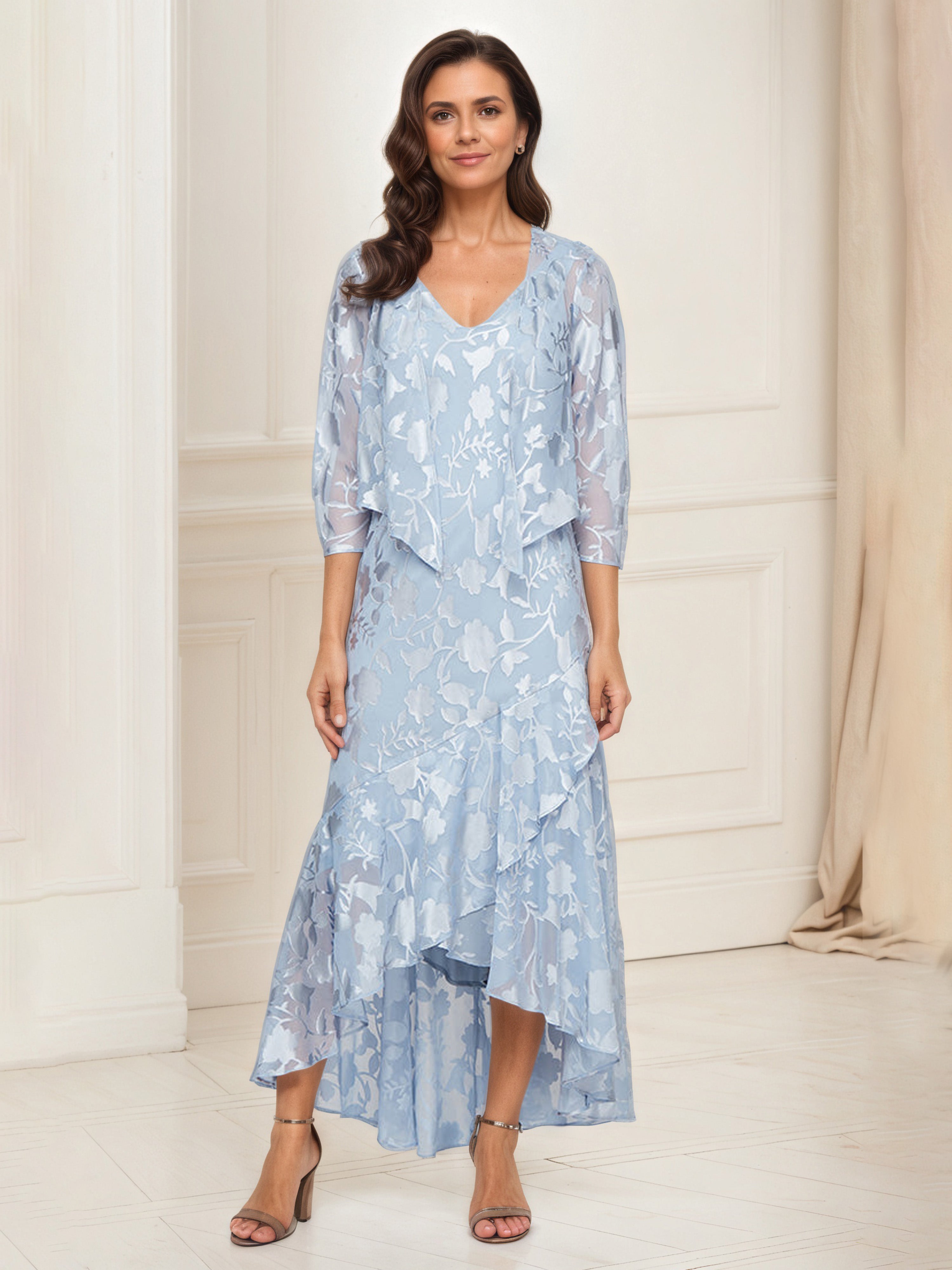 Sky Blue Mother Of The Bride Dresses V-Neck High Low Lace Mother Of The Bride Dress with Jacket Sky Blue Mother Of The Bride Dresses V-Neck High Low Lace Mother Of The Bride Dress with Jacket
