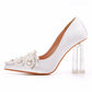 Women's Wedding Shoes Point Toe White Pearl Satin High Heels