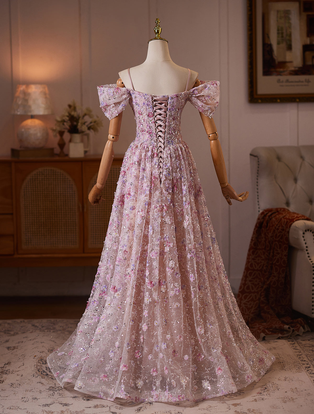 Cicinia Sequined Floral Tulle Pink Prom Dress Long A-line Off The Shoulder Floor Length Evening Dress