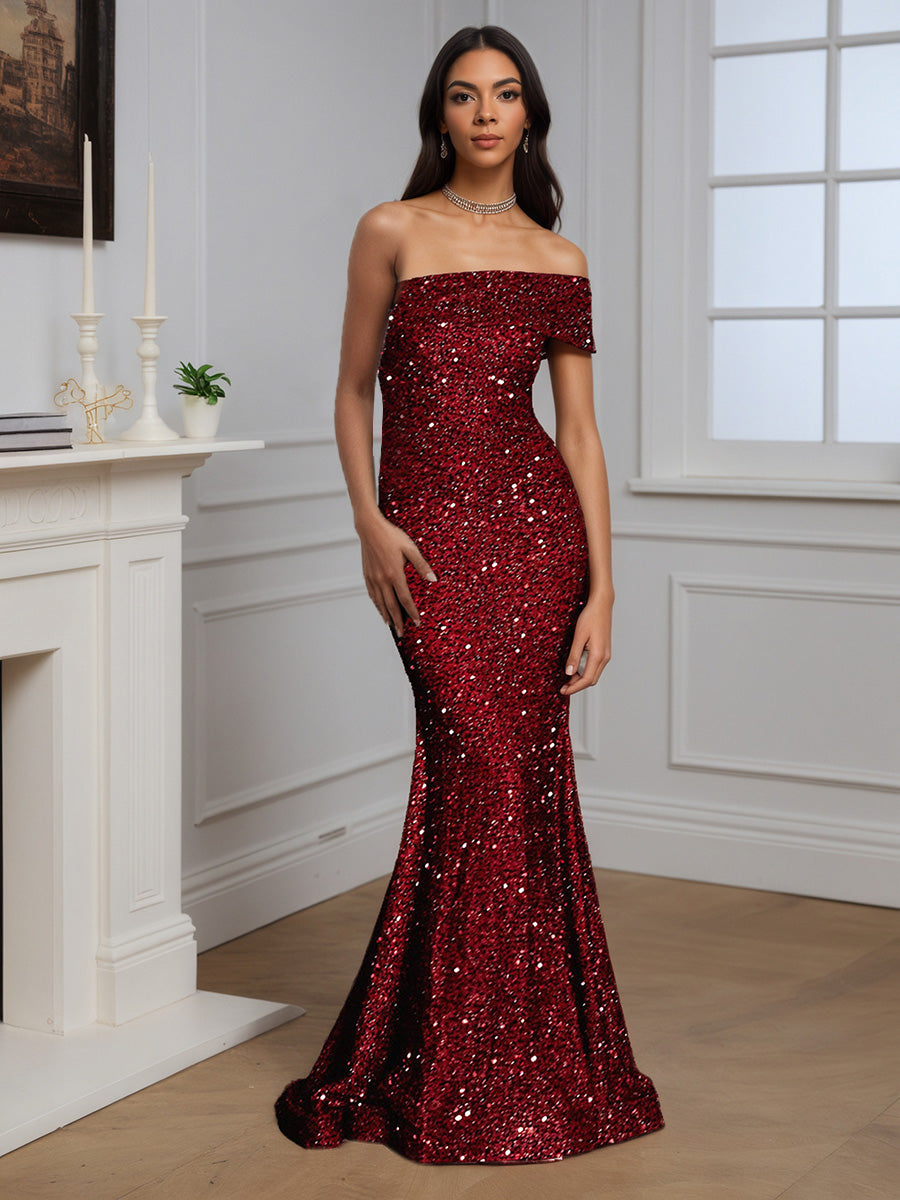 surplice wrap ruched sequins bodycon dress Cicinia Burgundy Prom Dress Long Sequins Mermaid One Shoulder Evening