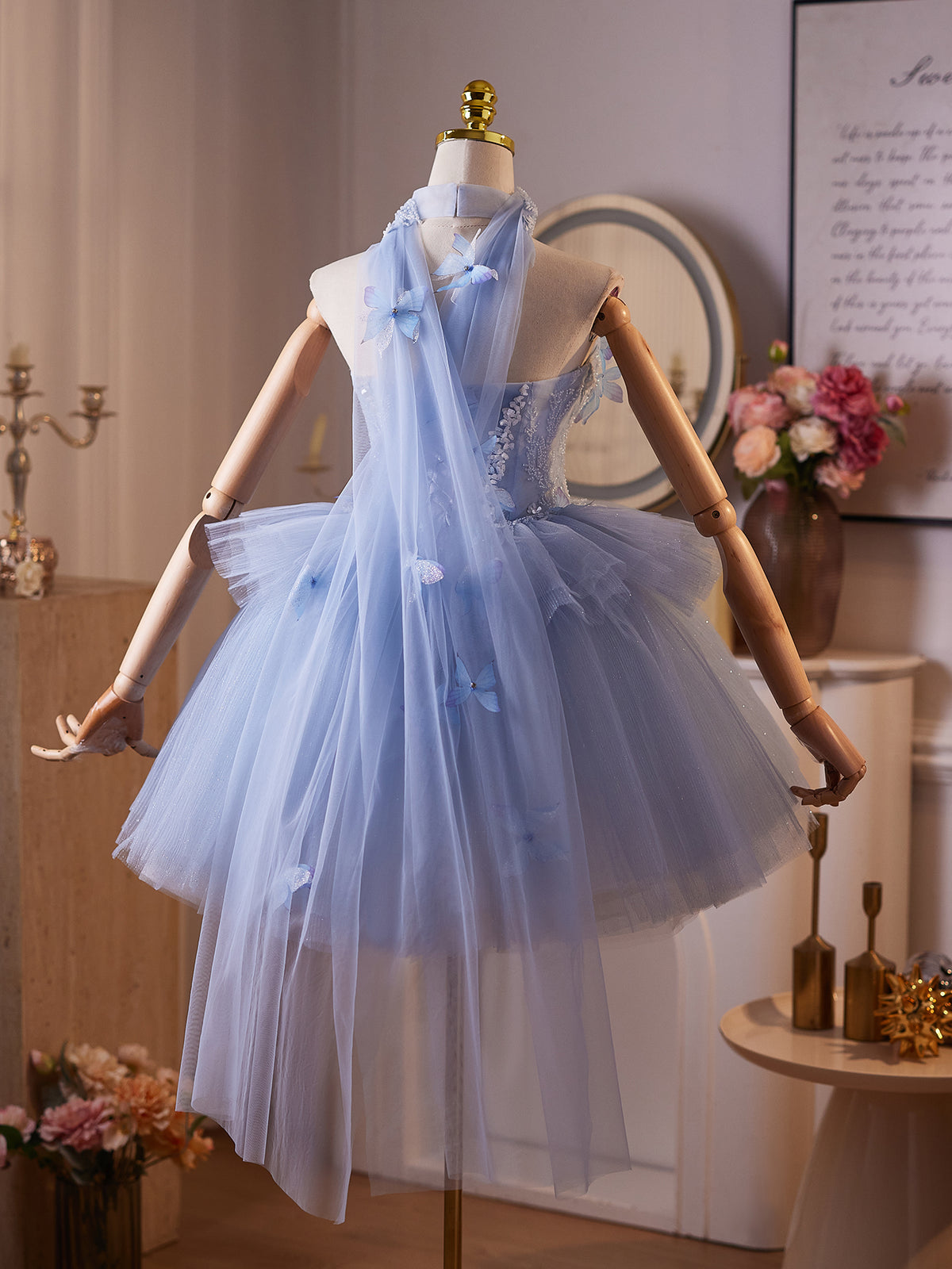 Cicinia 3D Butterfly Blue Homecoming Dresses Short Tulle A-line Strapless Princess Dress