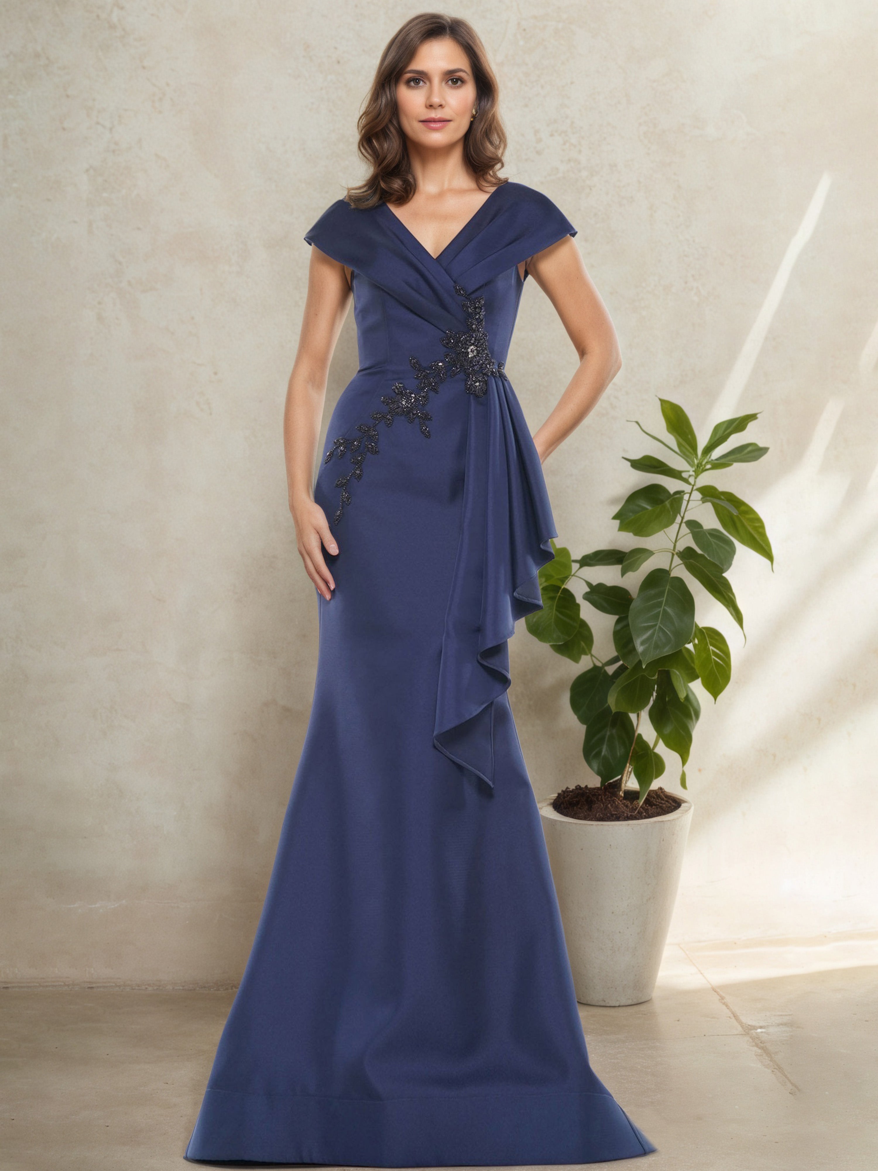 V-Neck Cap Sleeves Ruffle Side Navy Blue Mother Of The Bride Dress V-Neck Cap Sleeves Ruffle Side Navy Blue Mother Of The Bride Dress