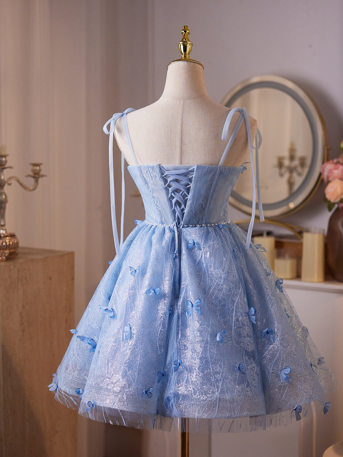Cicinia Blue Homecoming Dresses Short Lace A-line Mini Length Spaghetti Straps Princess Dress