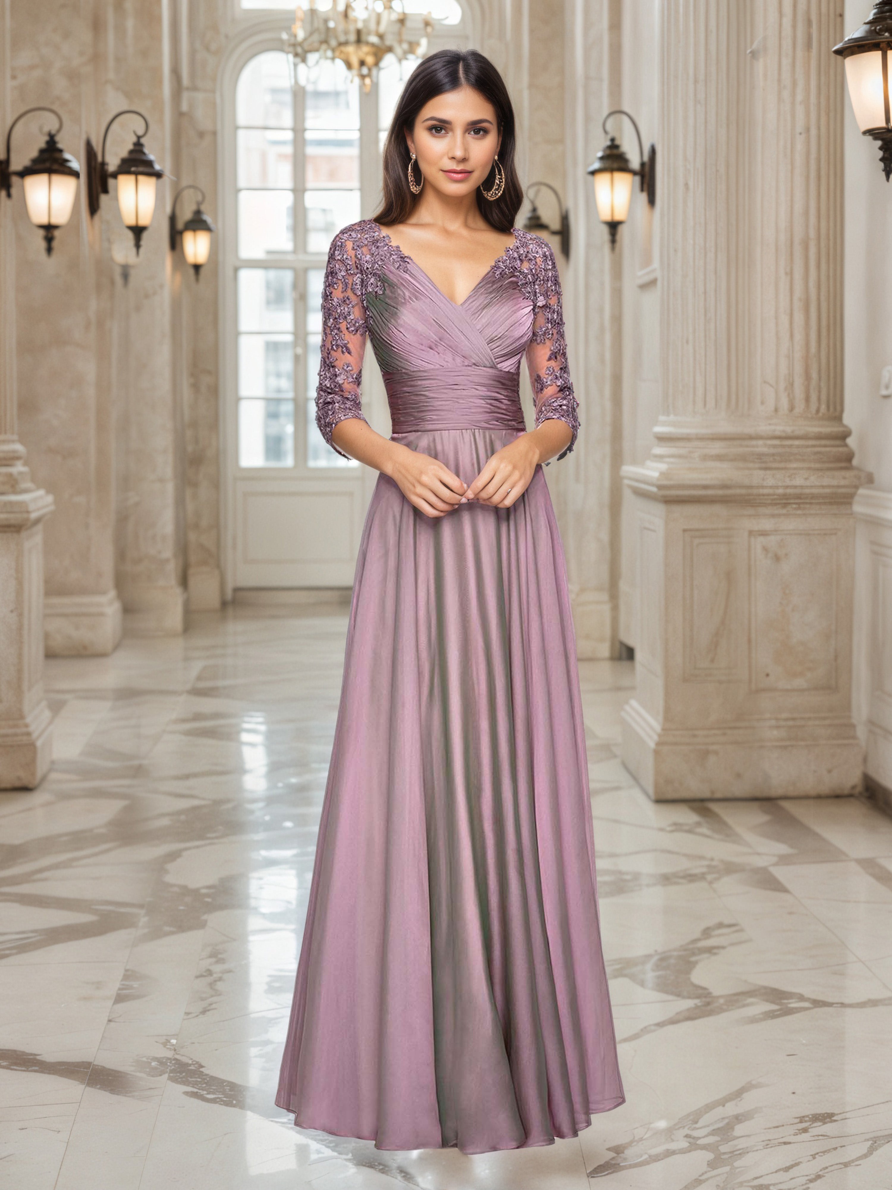 Wisteria Mother of Bride Dresses A-Line V-Neck 3/4 Lace Sleeves Mother of the Bride Dress Wisteria Mother of Bride Dresses A-Line V-Neck 3/4 Lace Sleeves Mother of the Bride Dress