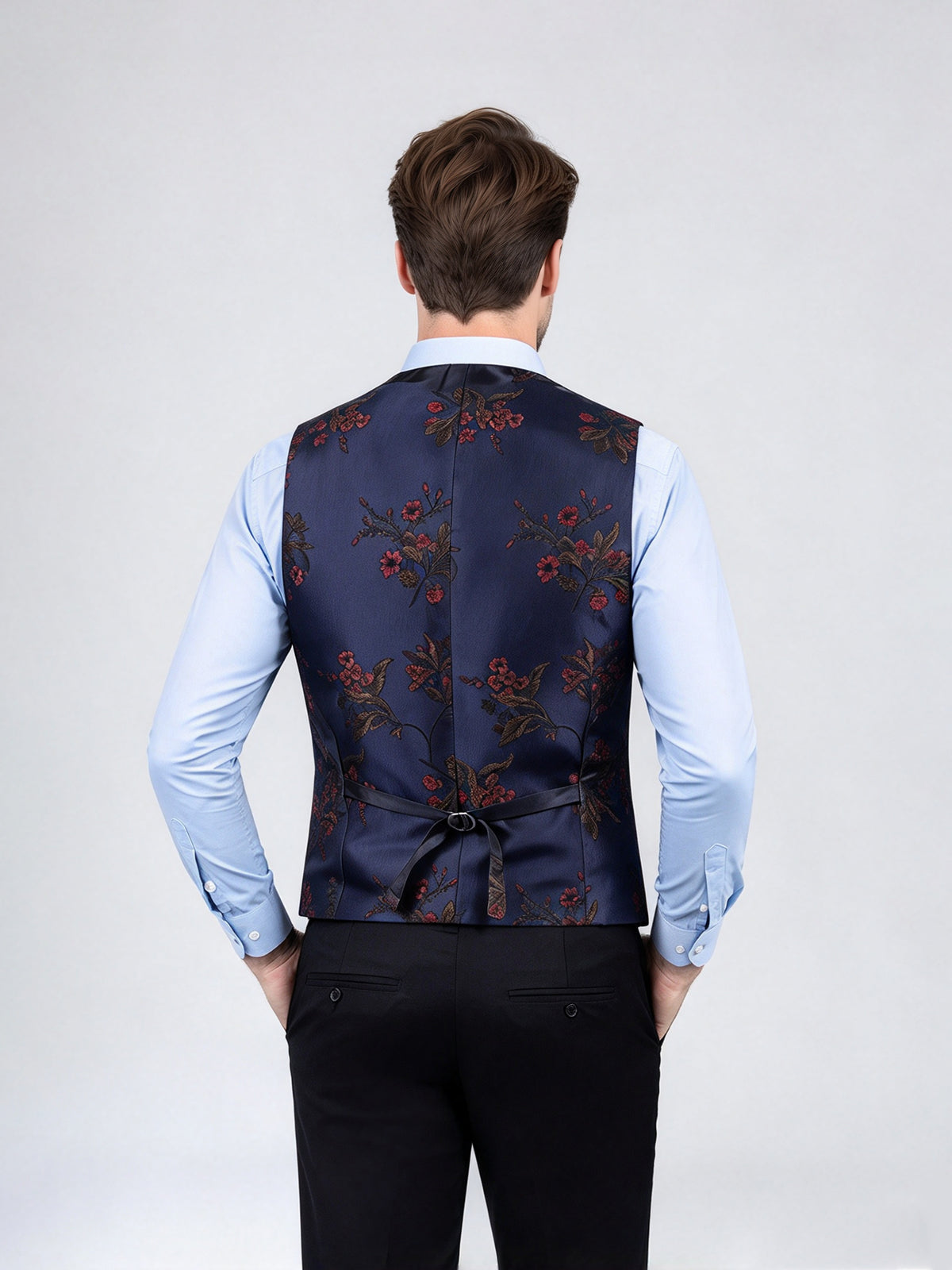 Cicinia Peak Lapel Floral Jacquard Jacket Matching Vest Straight Black Trousers 3 Pieces Navy Blue Men's Suits