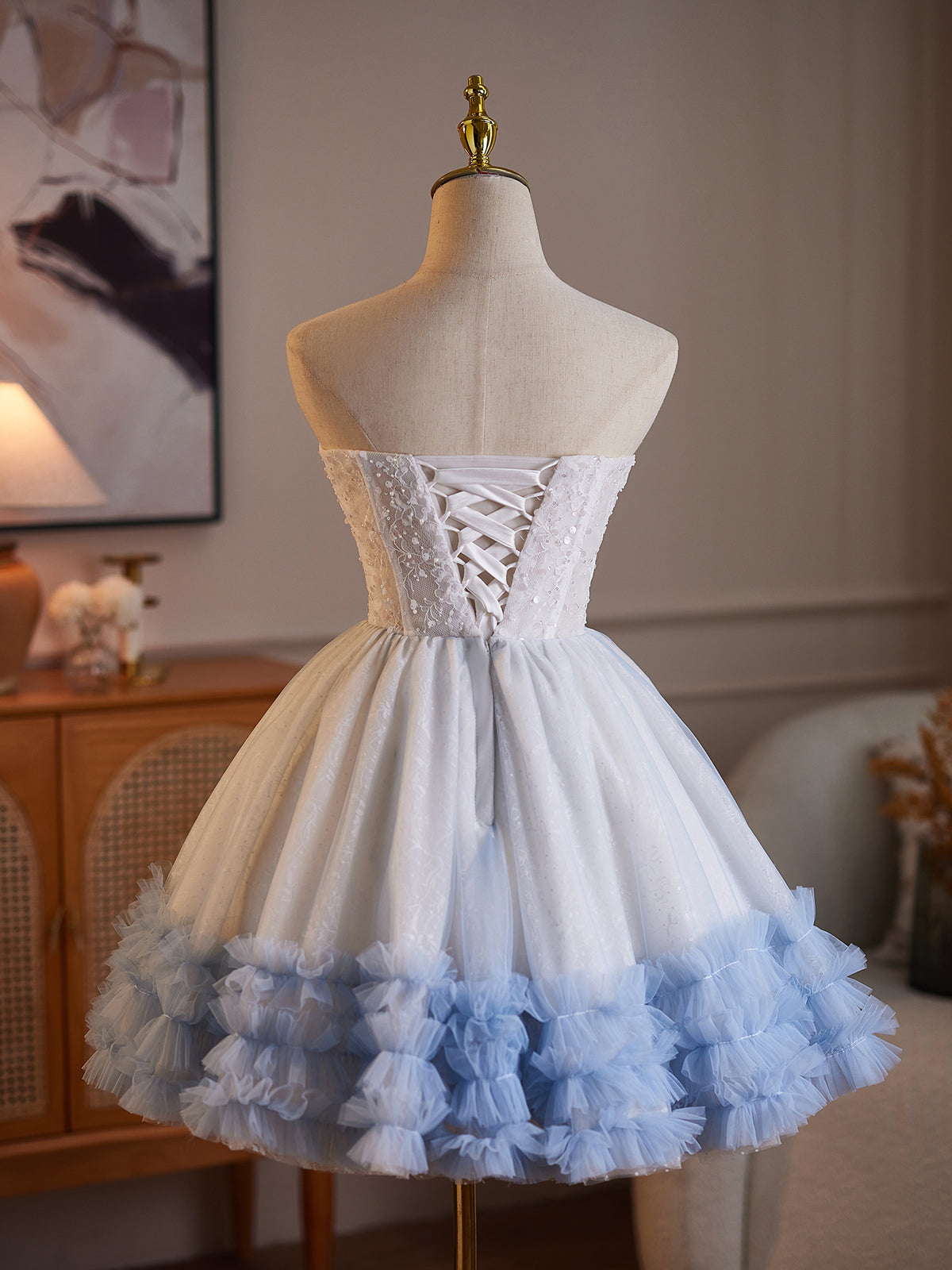 Cicinia Lace‑Up Tiered Ruffle Tulle Sky Blue White Wedding Dresses Short Lace A-line Bridal Dress