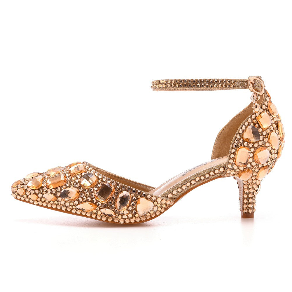 Pointed Toe Crystal Diamond Ankle Strap High Heel