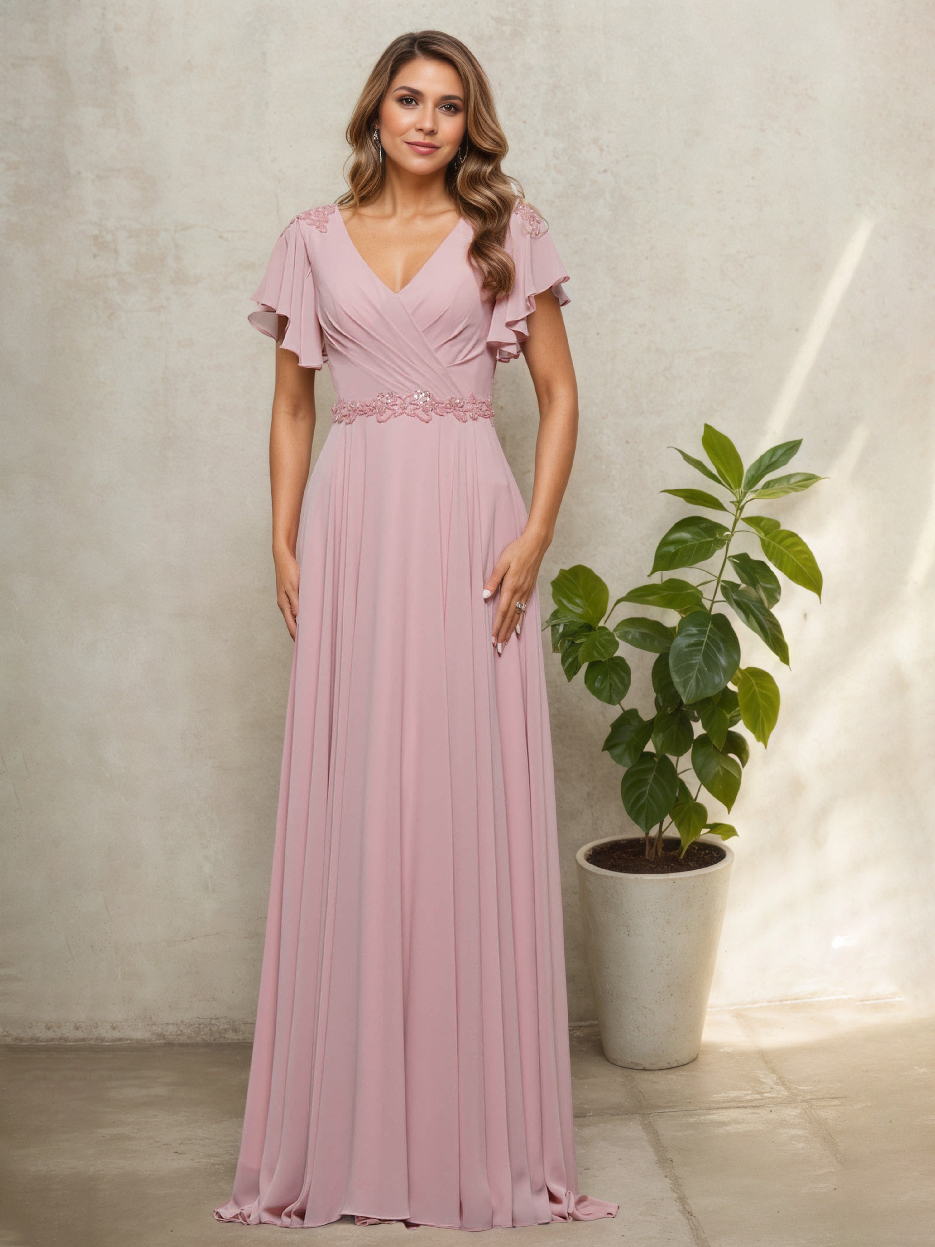 V-Neck Short Sleeves Beading Dusty Rose Mother Of The Bride Dress V-Neck Short Sleeves Beading Dusty Rose Mother Of The Bride Dress