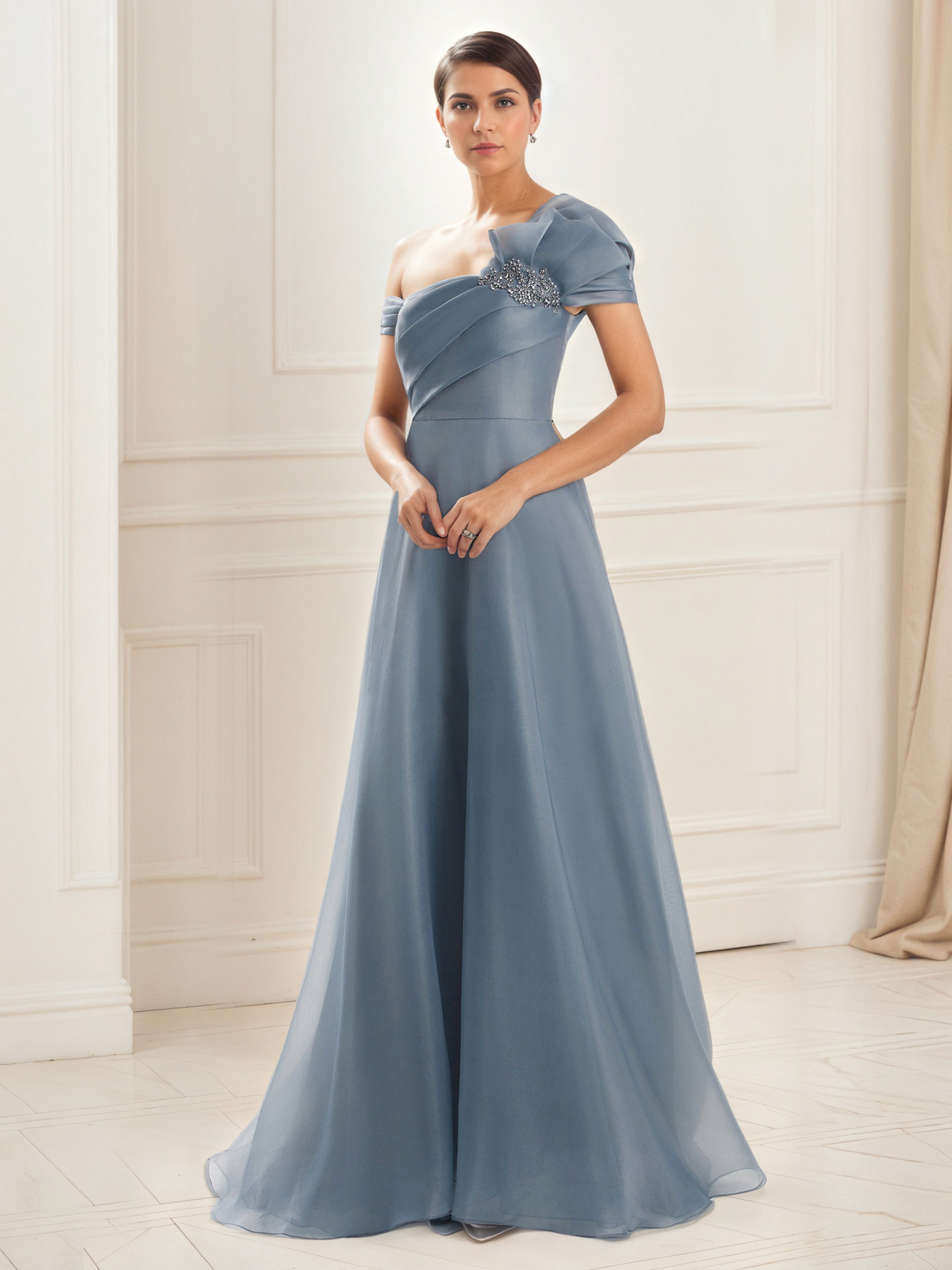 Dusty Mother Of Bride Dresses Blue A-Line Embellished One Shoulder Pleated Bodice Mother Of The Bride Dress