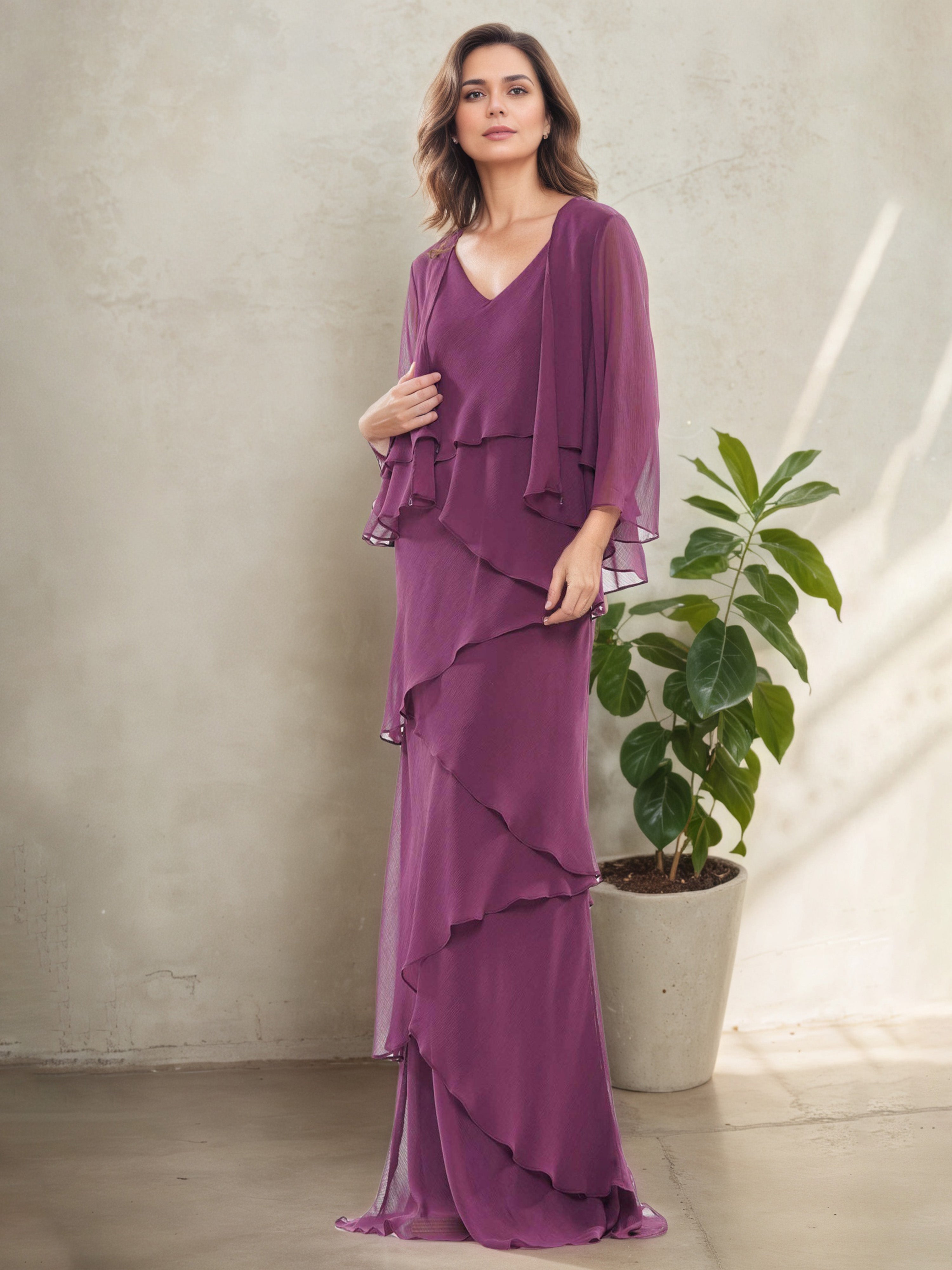 Orchid V-Neck Dress Layers 3/4 Sleeves Long Sheath Mother Of The Bride Dress Suits Orchid V-Neck Dress Layers 3/4 Sleeves Long Sheath Mother Of The Bride Dress Suits