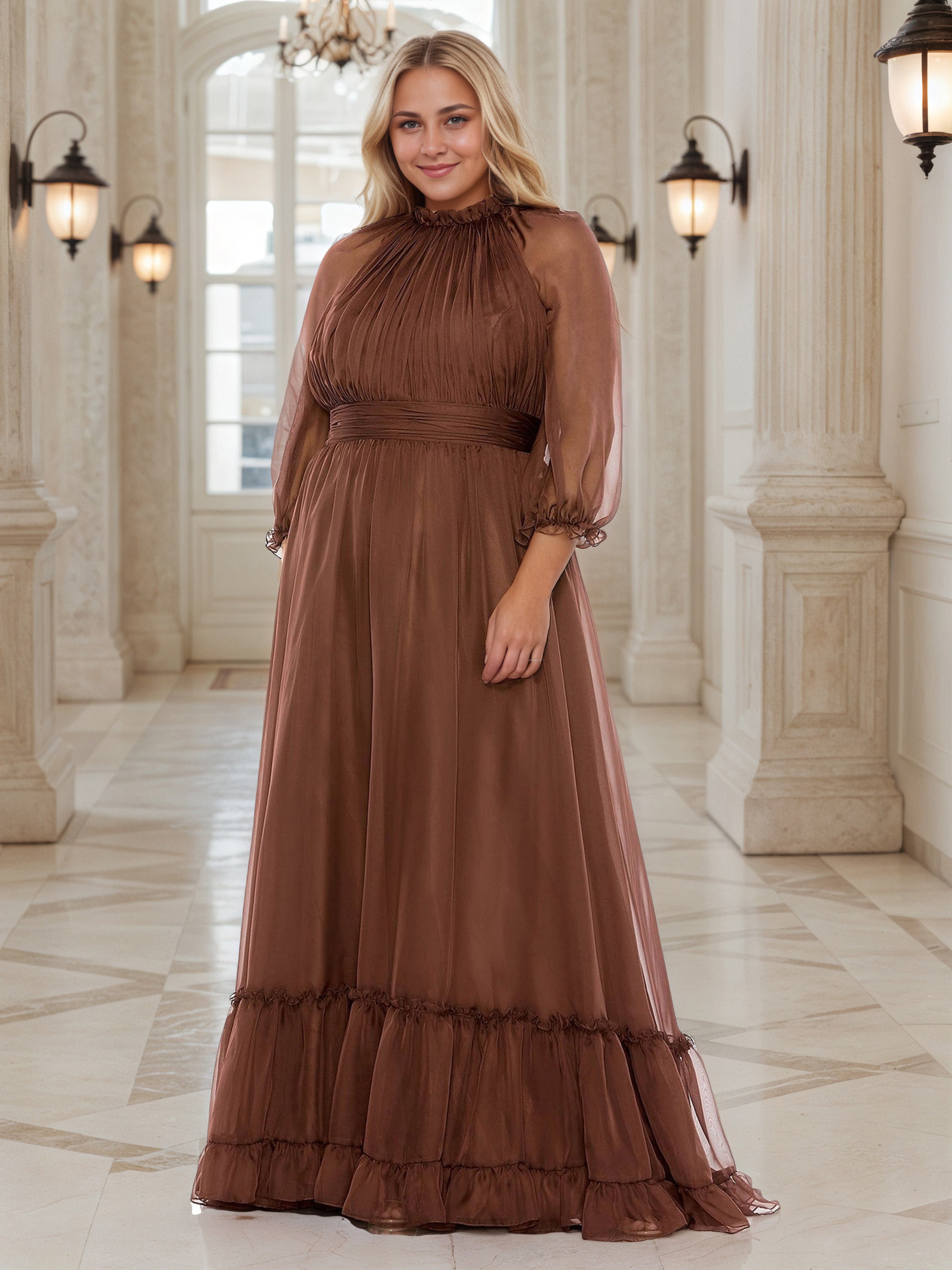 Pretty Brown 3/4 Sleeves Long Plus Size Prom Dress Pretty Brown 3/4 Sleeves Long Plus Size Prom Dress