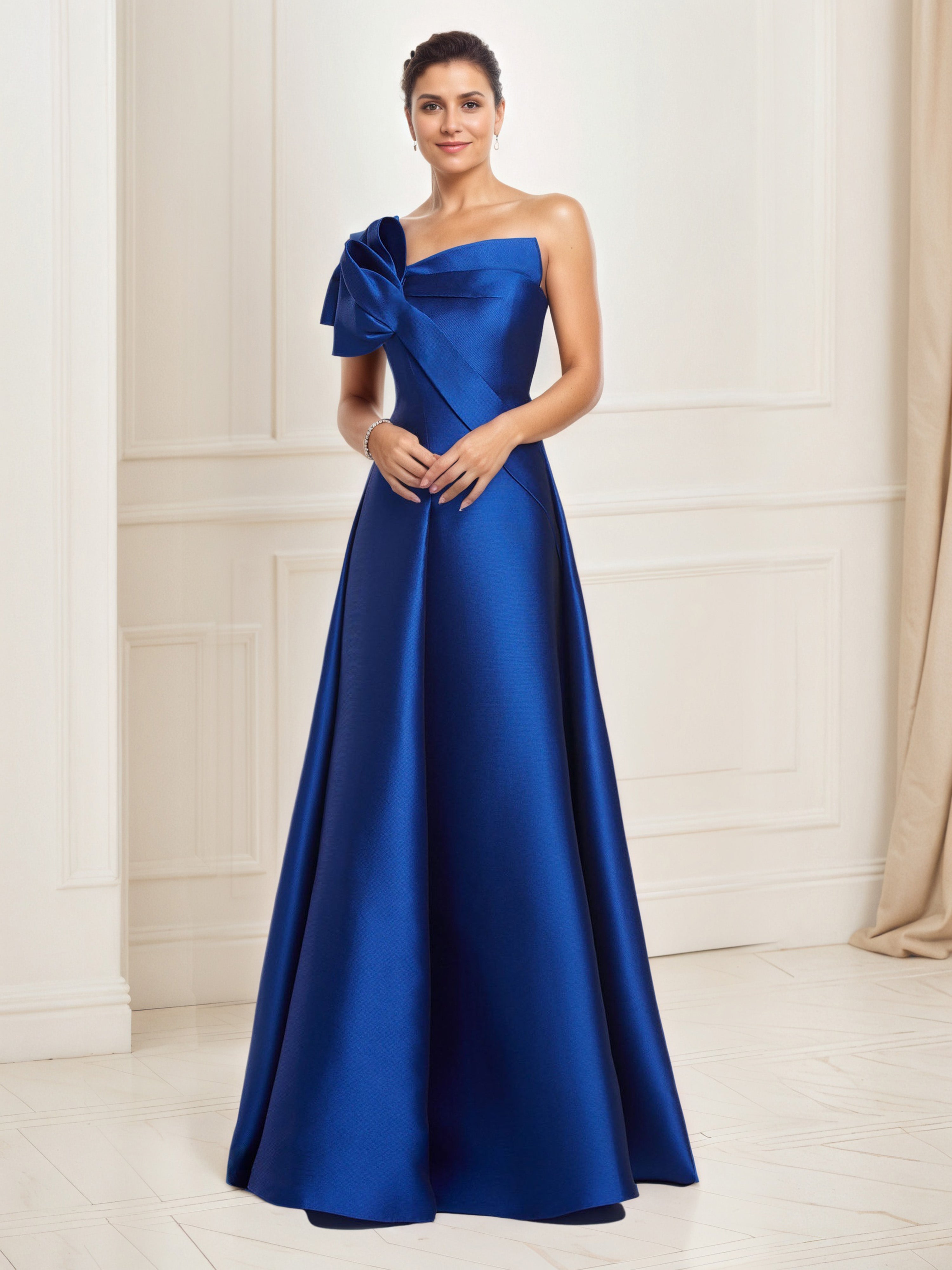 Cowl Neck Satin A-Line Floor Length Ruched Dresses Royal Blue