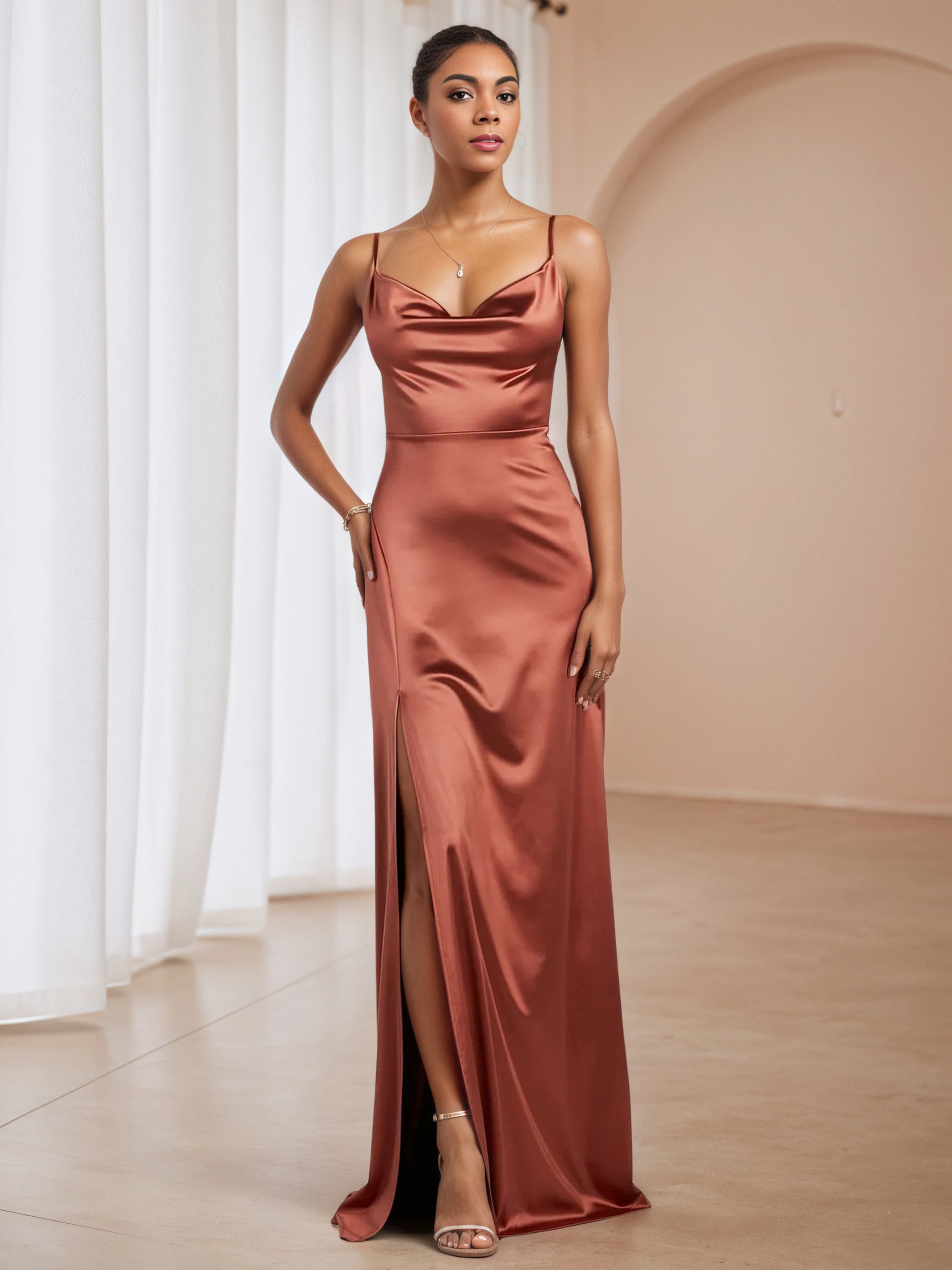 Terracotta Spaghetti Straps V-Neck Formal Dresses with Split