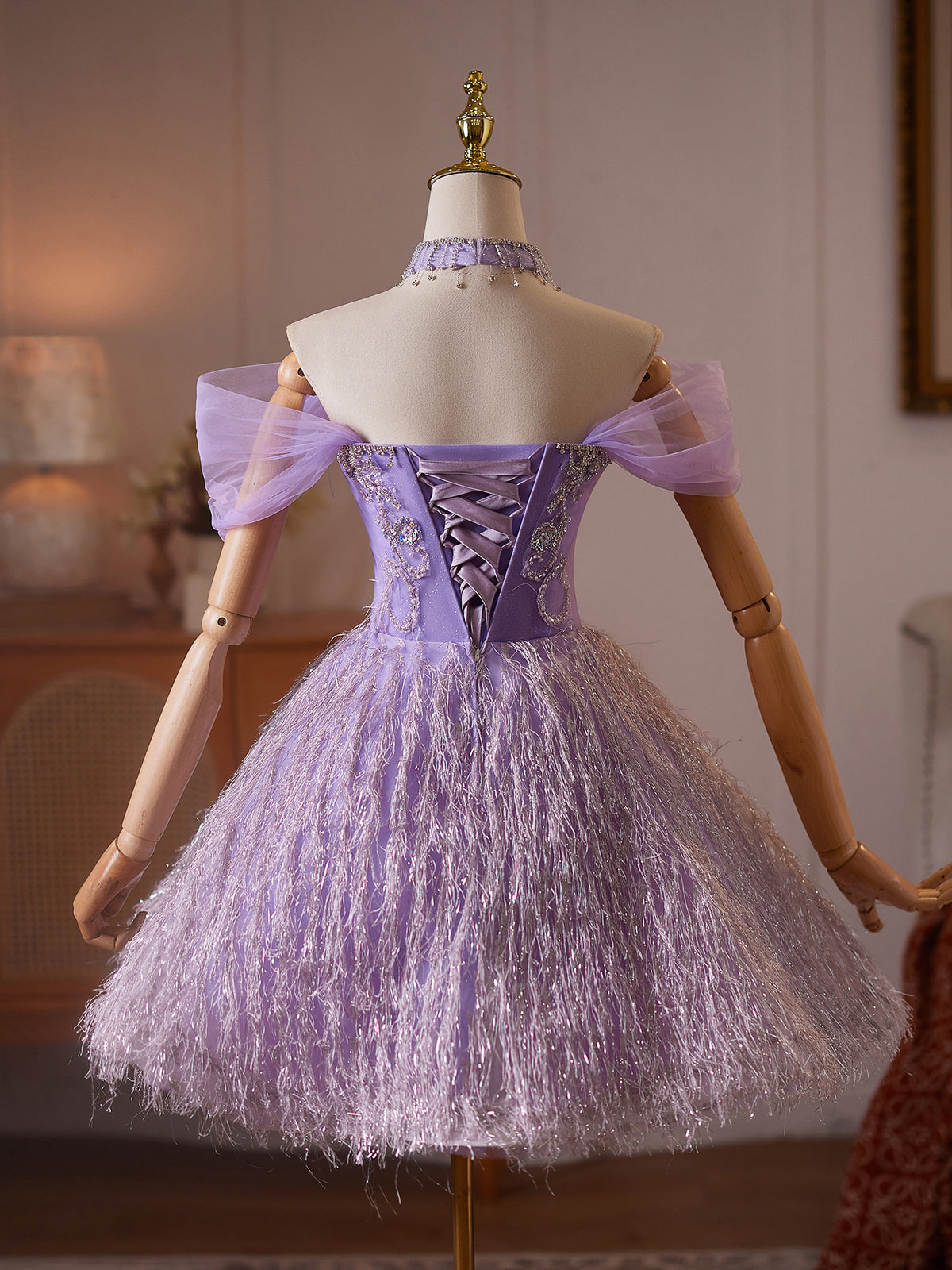 Cicinia Off The Shoulder Lilac Homecoming Dresses Short A-line Glitter Fringe Mini Formal Dresses