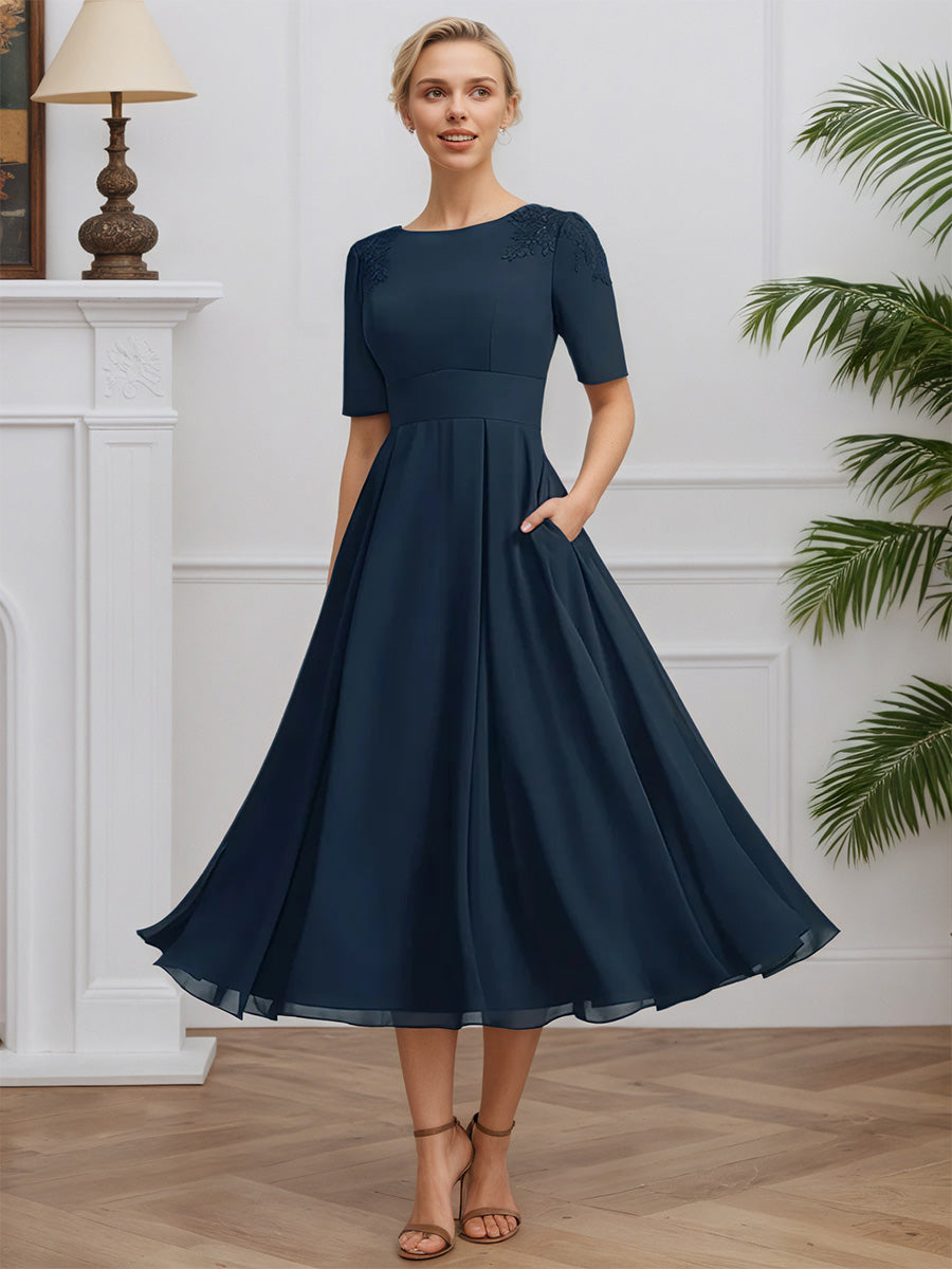 Cicinia Dark Navy Mother Of The Bride Dress Long Chiffon Lace Tea Length Short Sleeves