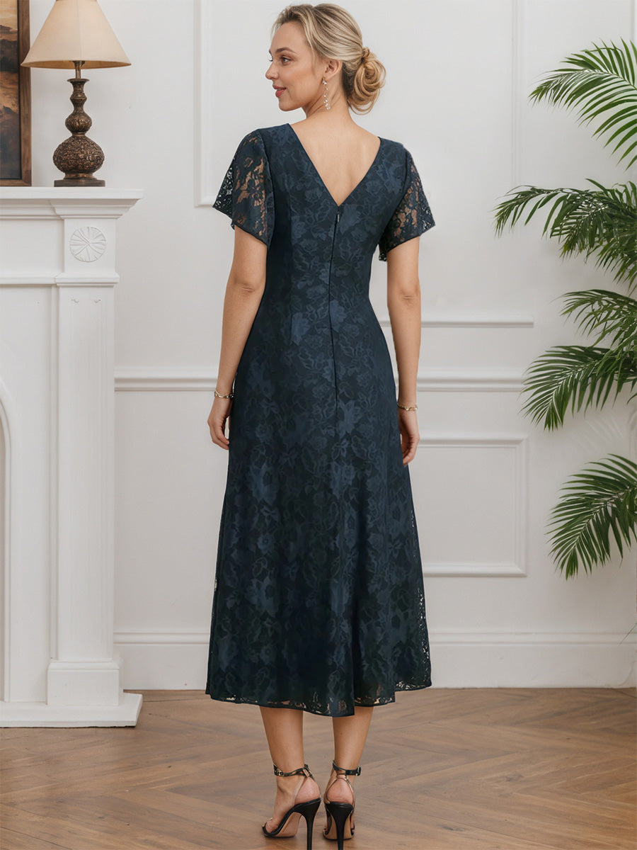 Cicinia Dark Navy Mother Of The Bride Dress Long Chiffon Lace A-line Tea Length