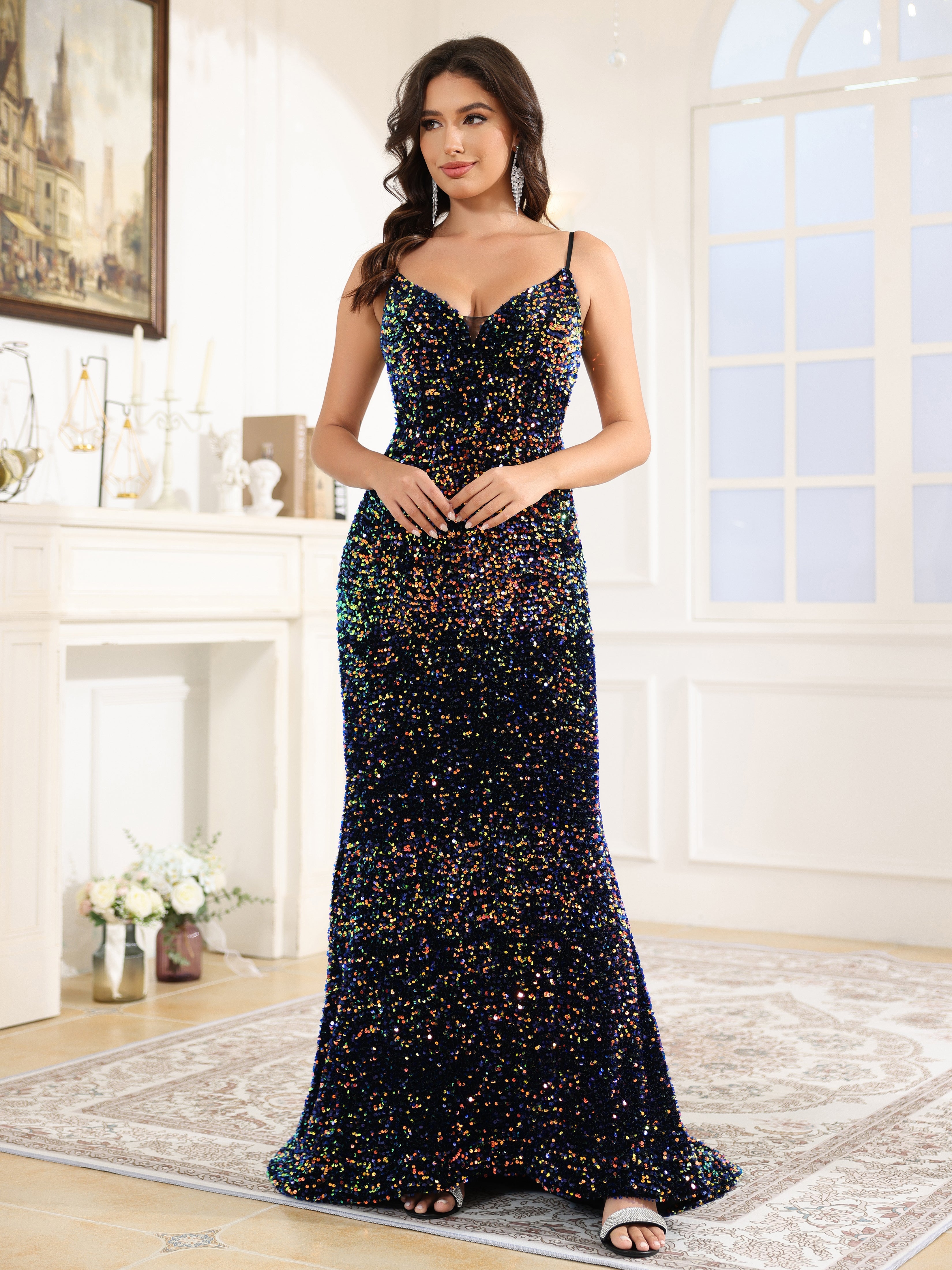 Sparkly Spaghetti Straps Mermaid Sequins Wedding Guest Dresses Sparkly Spaghetti Straps Mermaid Sequins Wedding Guest Dresses
