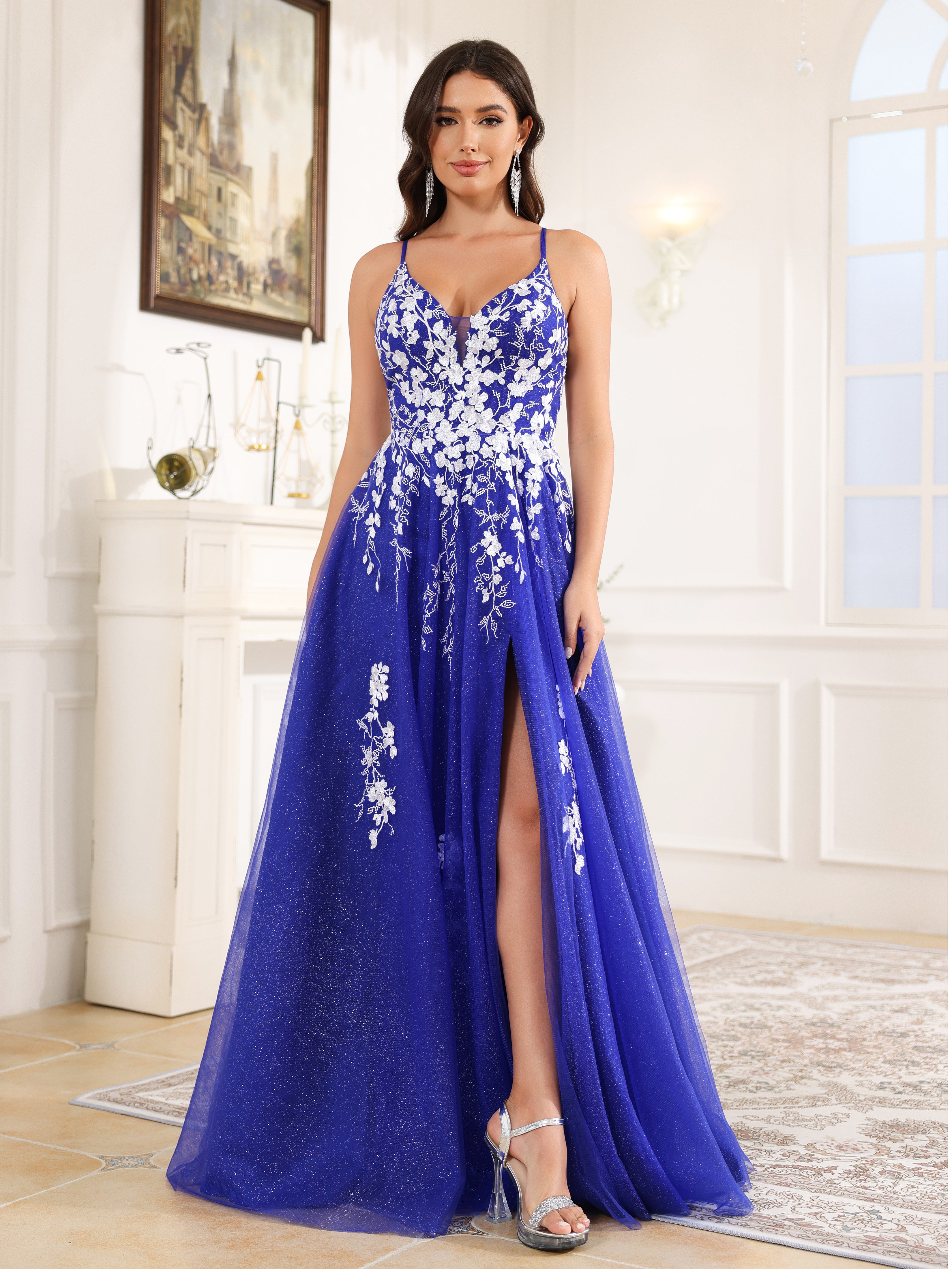 Spaghetti Straps Lace Appliques Floor Length Tulle Prom Dress Spaghetti Straps Lace Appliques Floor Length Tulle Prom Dress