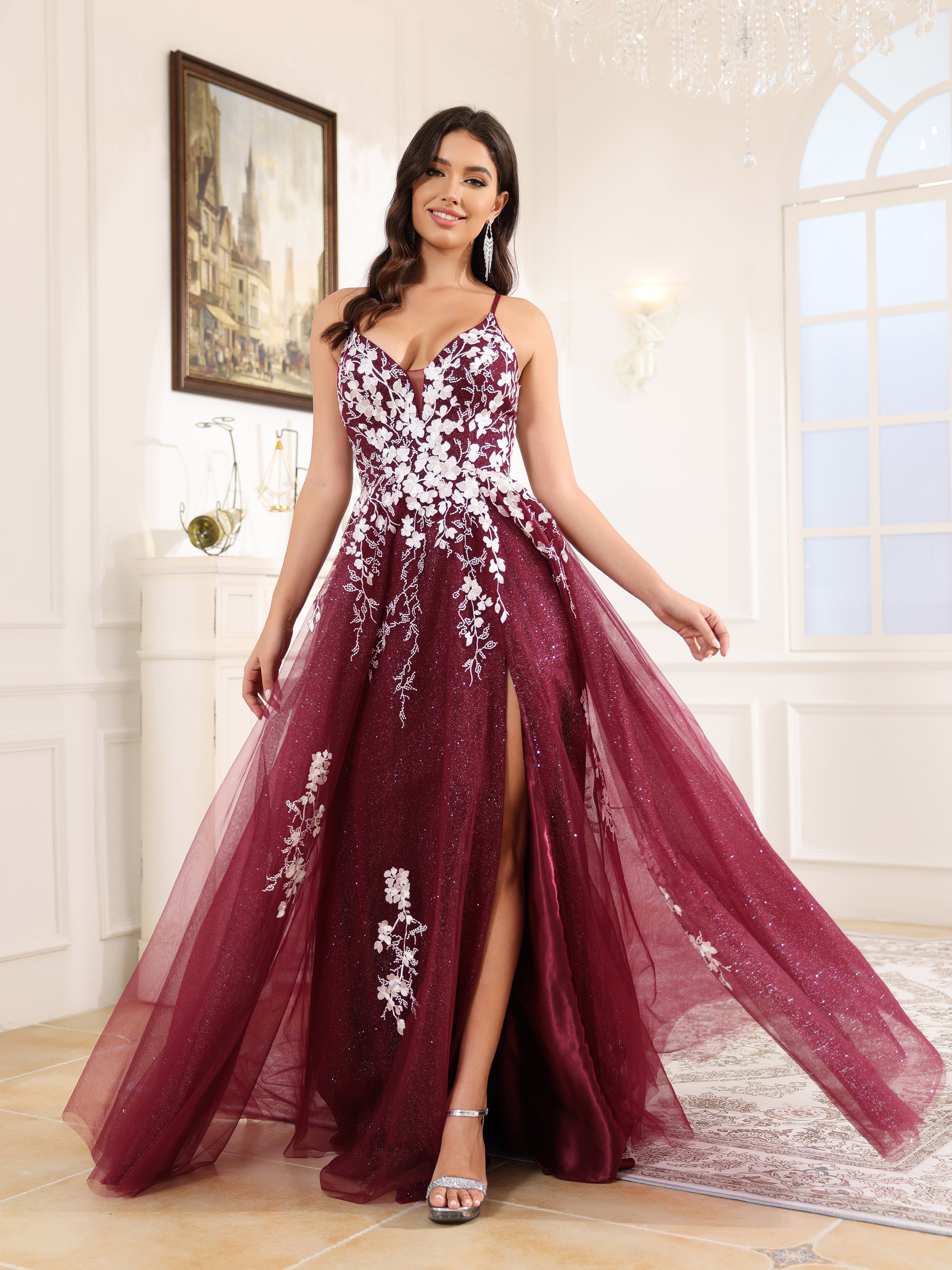 Lace Appliques Spaghetti Straps A Line Tulle Prom Dress Lace Appliques Spaghetti Straps A Line Tulle Prom Dress