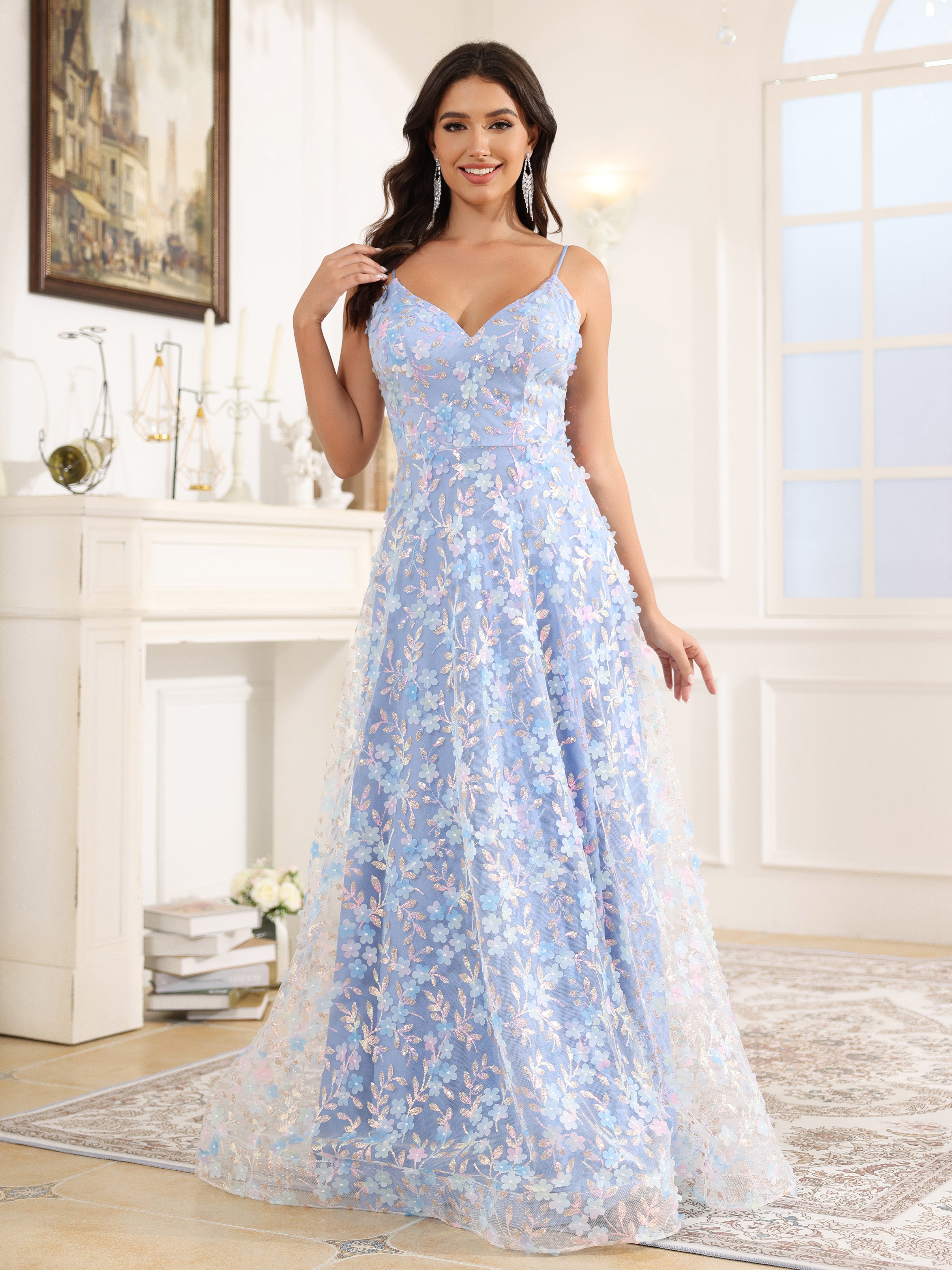V Neck Spaghetti Straps Lace Floor Length Prom Dress V Neck Spaghetti Straps Lace Floor Length Prom Dress