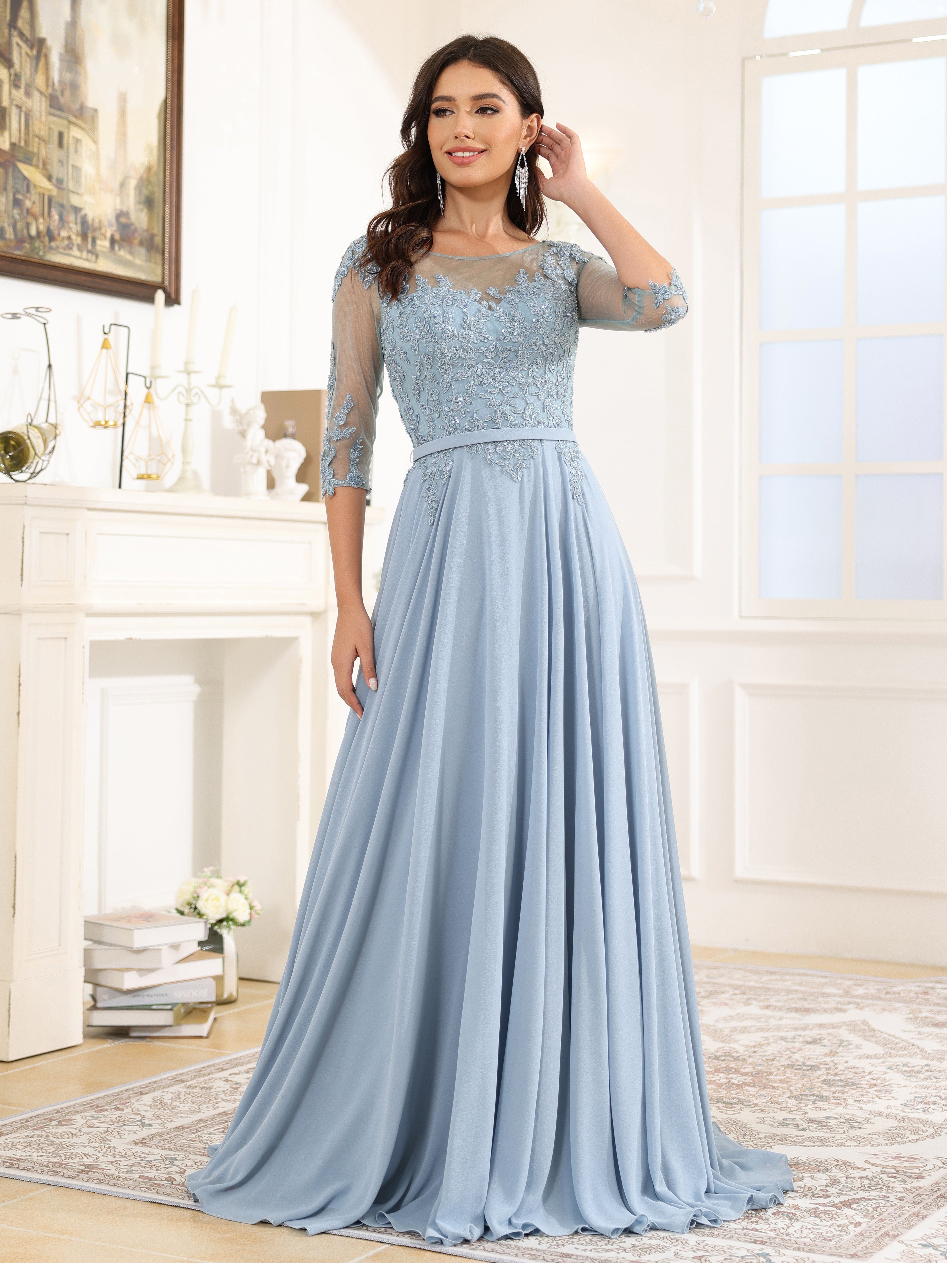 Half Sleeves A Line Chiffon Long Prom Dress Half Sleeves A Line Chiffon Long Prom Dress
