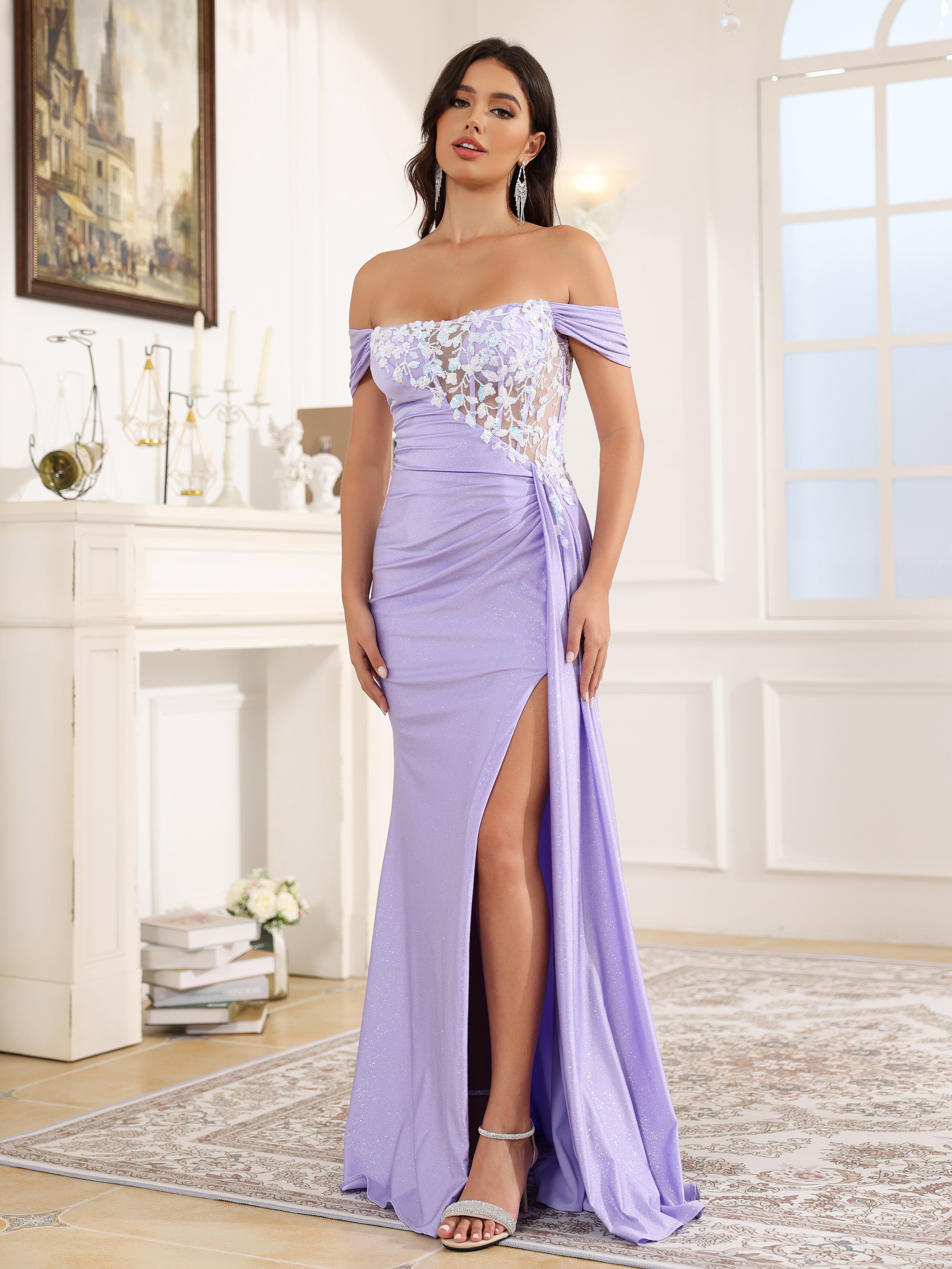 Off The Shoulder Sleeveless Long Prom Dress With Slit