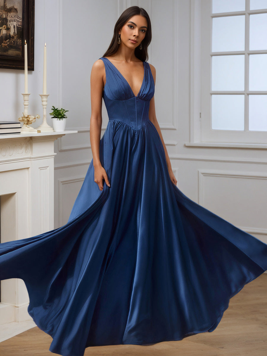 blue evening gown dresses Cicinia Navy Blue Prom Dresses Long Soft Satin A-line Evening Dress
