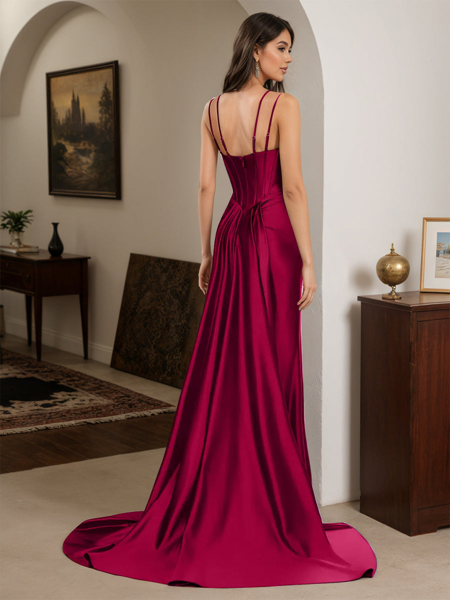 Cicinia Burgundy Prom Dresses Long Spaghetti Straps Sheath Beaded Slit Dress