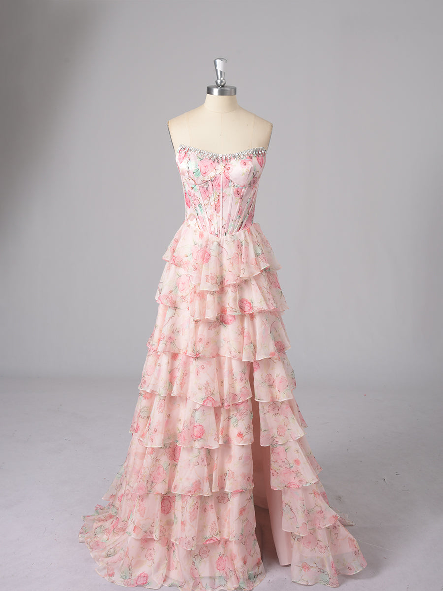 Cicinia Blushing Pink Prom Dresses Long Printed Fabric A-line Sleeveless Slit Layered Gowns